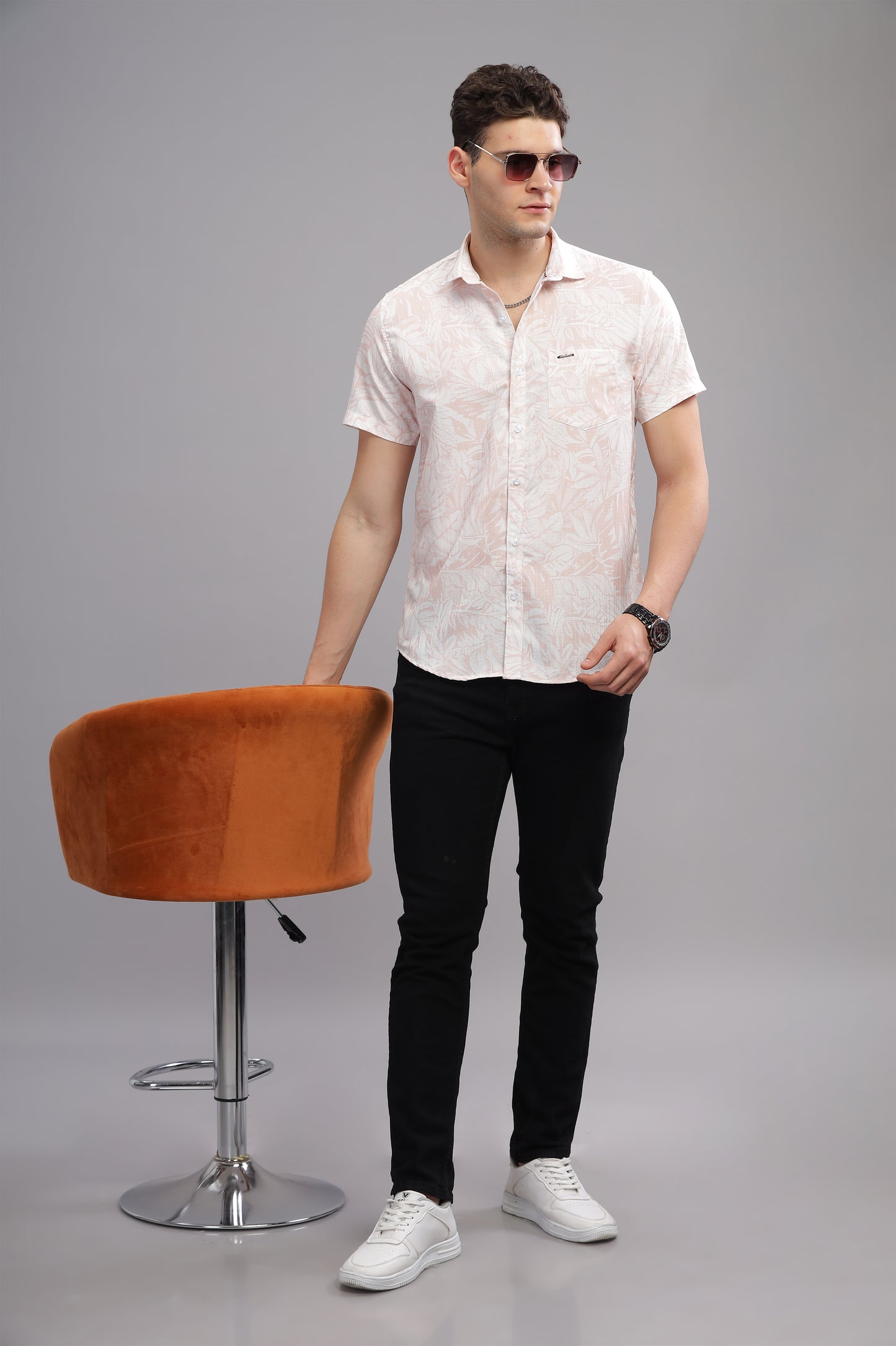 Peach Self Textured Printed Shirts Full Sleeves