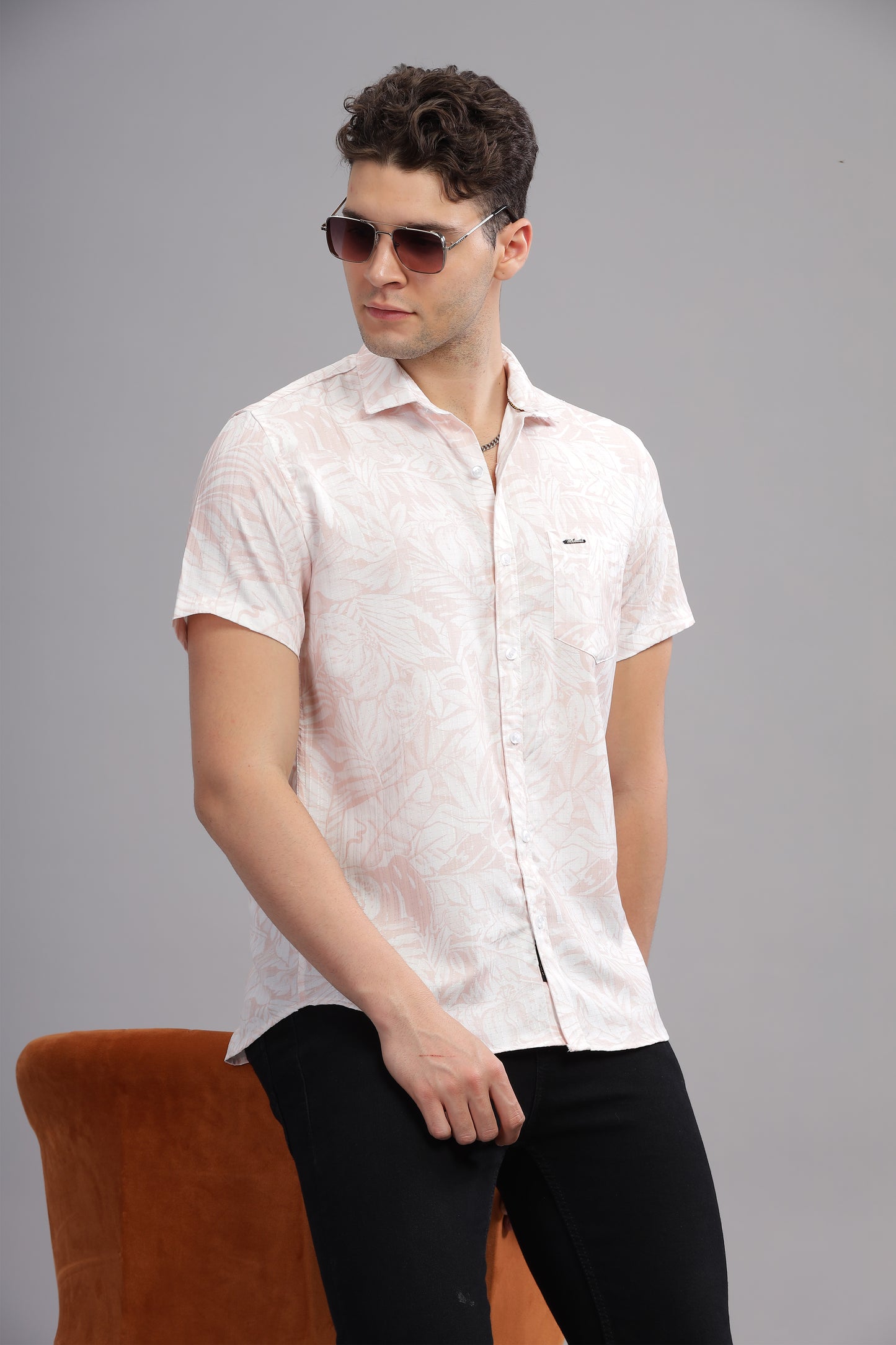 Peach Self Textured Printed Shirts Full Sleeves