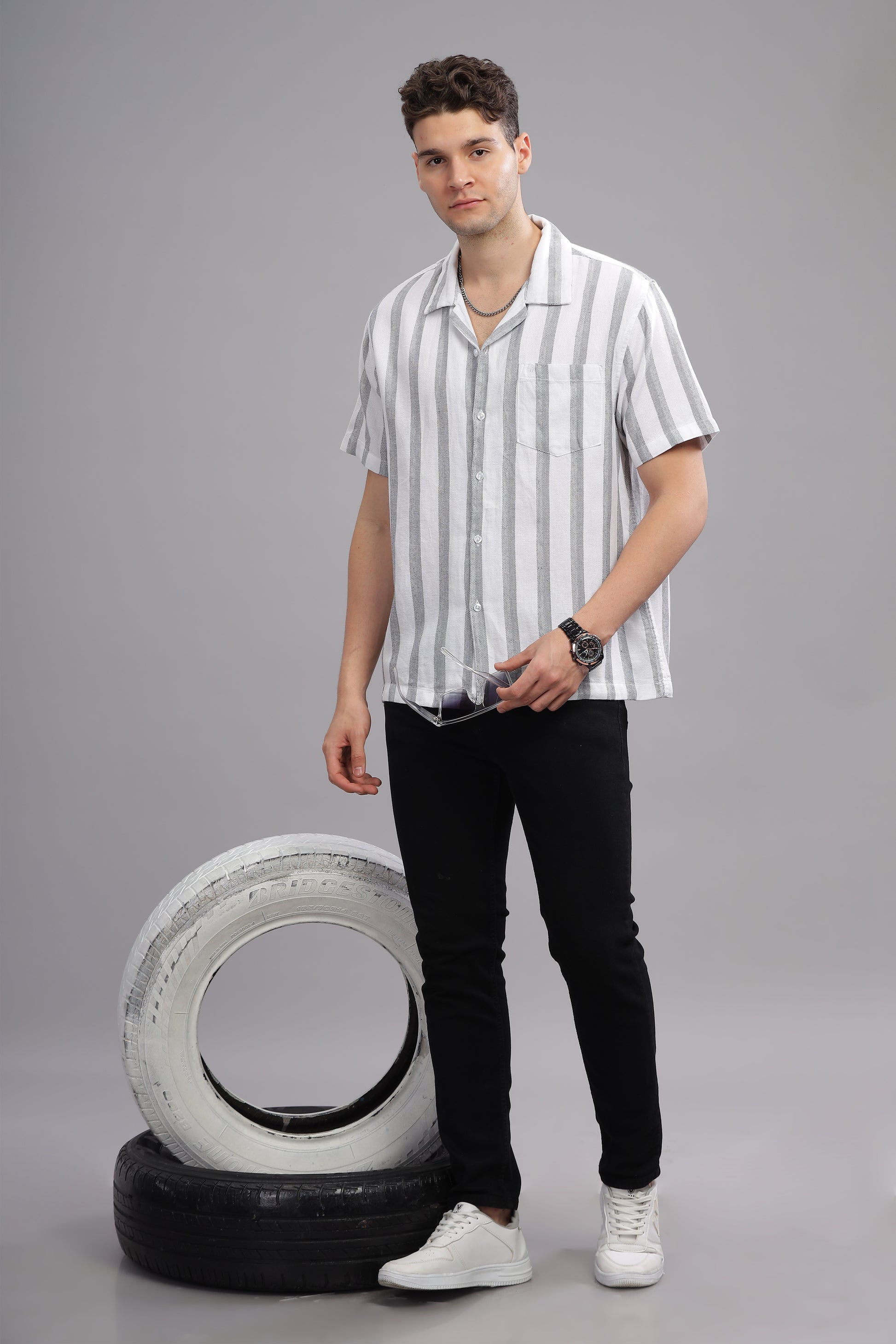 Grey Line Patterned Summer Half Sleeve Striped Shirt