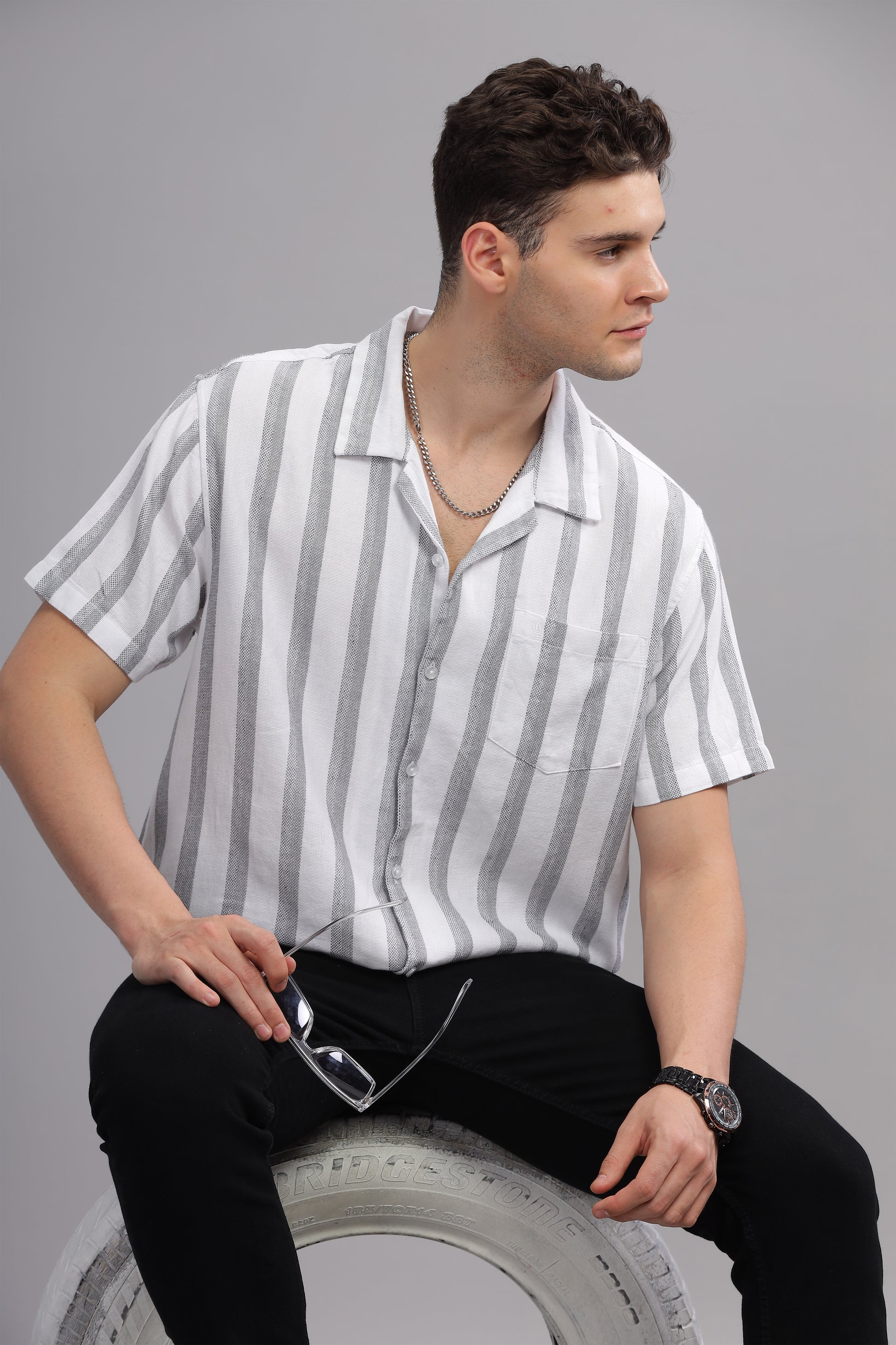 Grey Line Patterned Summer Half Sleeve Striped Shirt