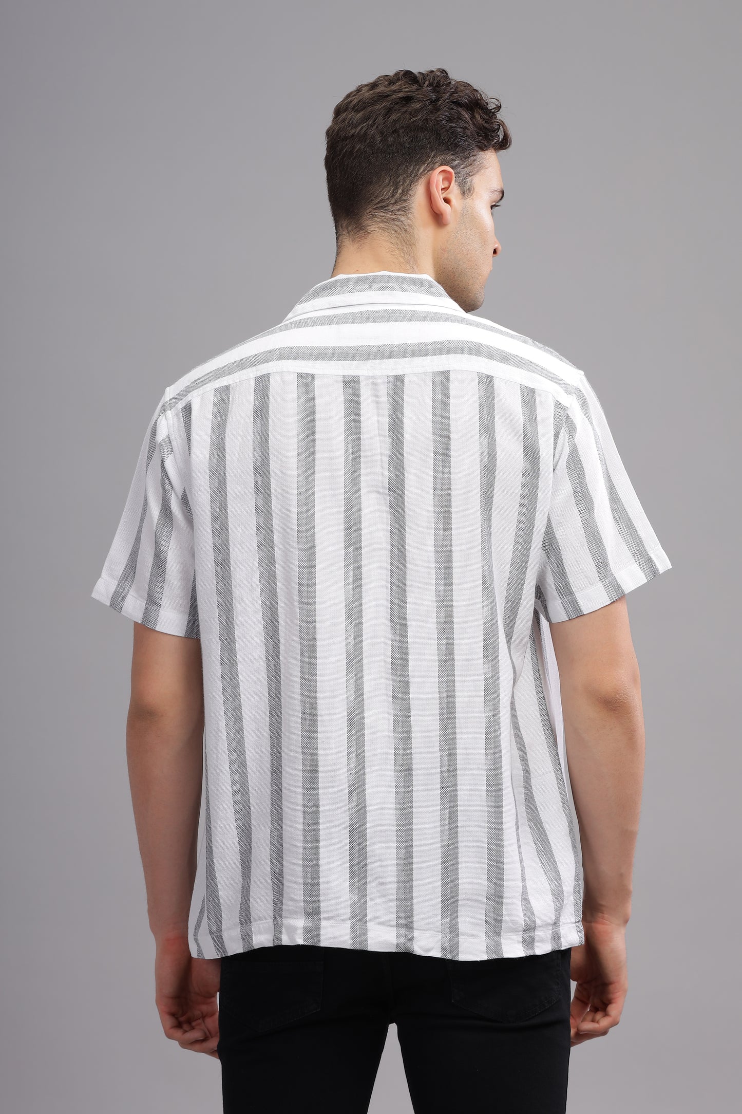 Grey Line Patterned Summer Half Sleeve Striped Shirt