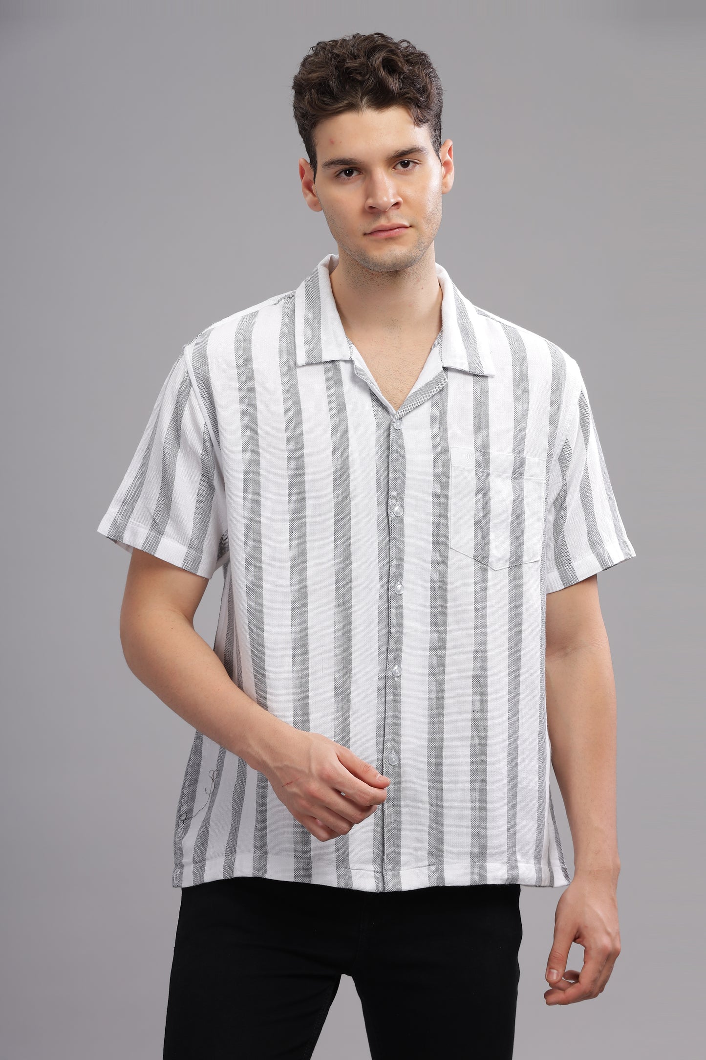 Grey Line Patterned Summer Half Sleeve Striped Shirt