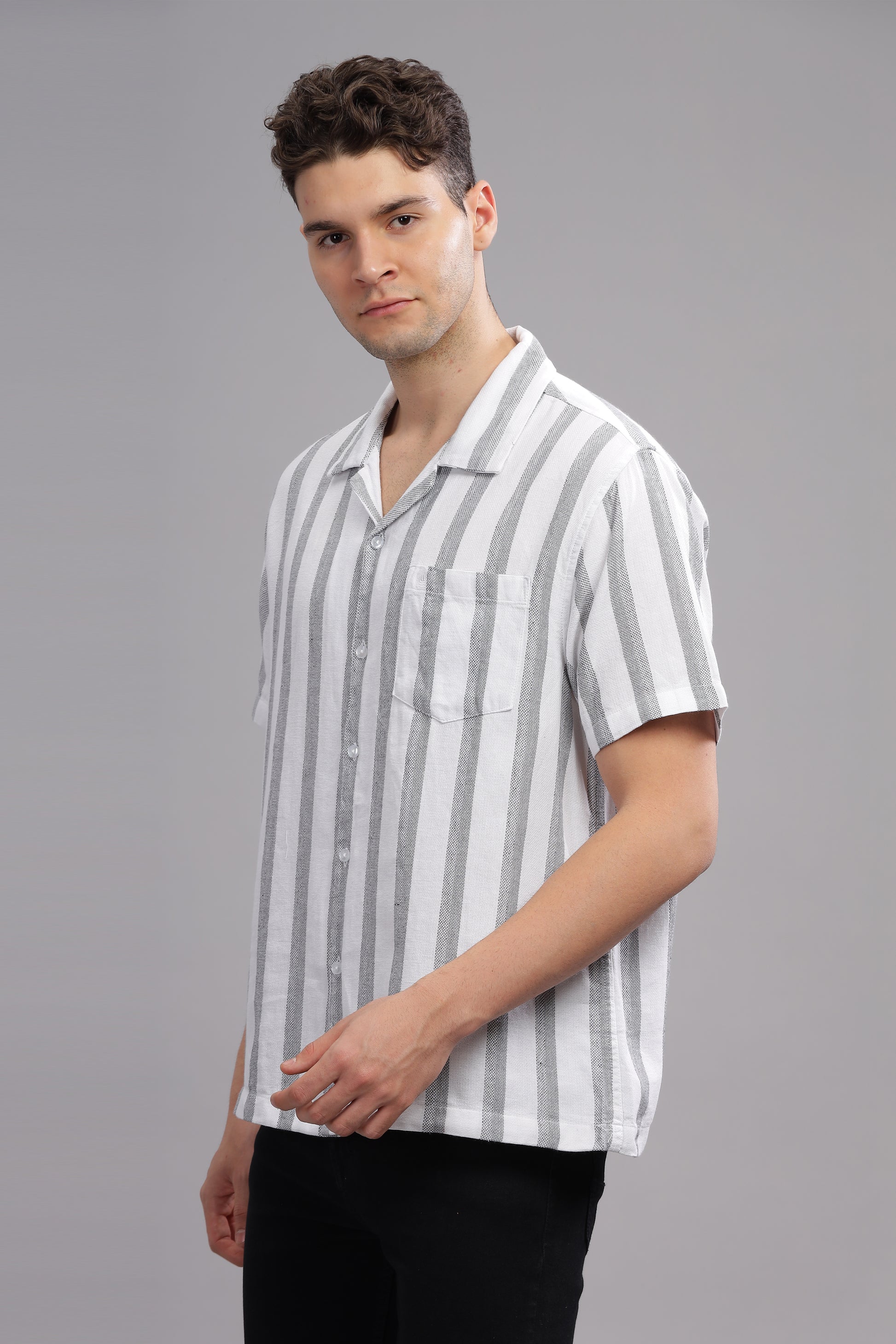 Grey Line Patterned Summer Half Sleeve Striped Shirt