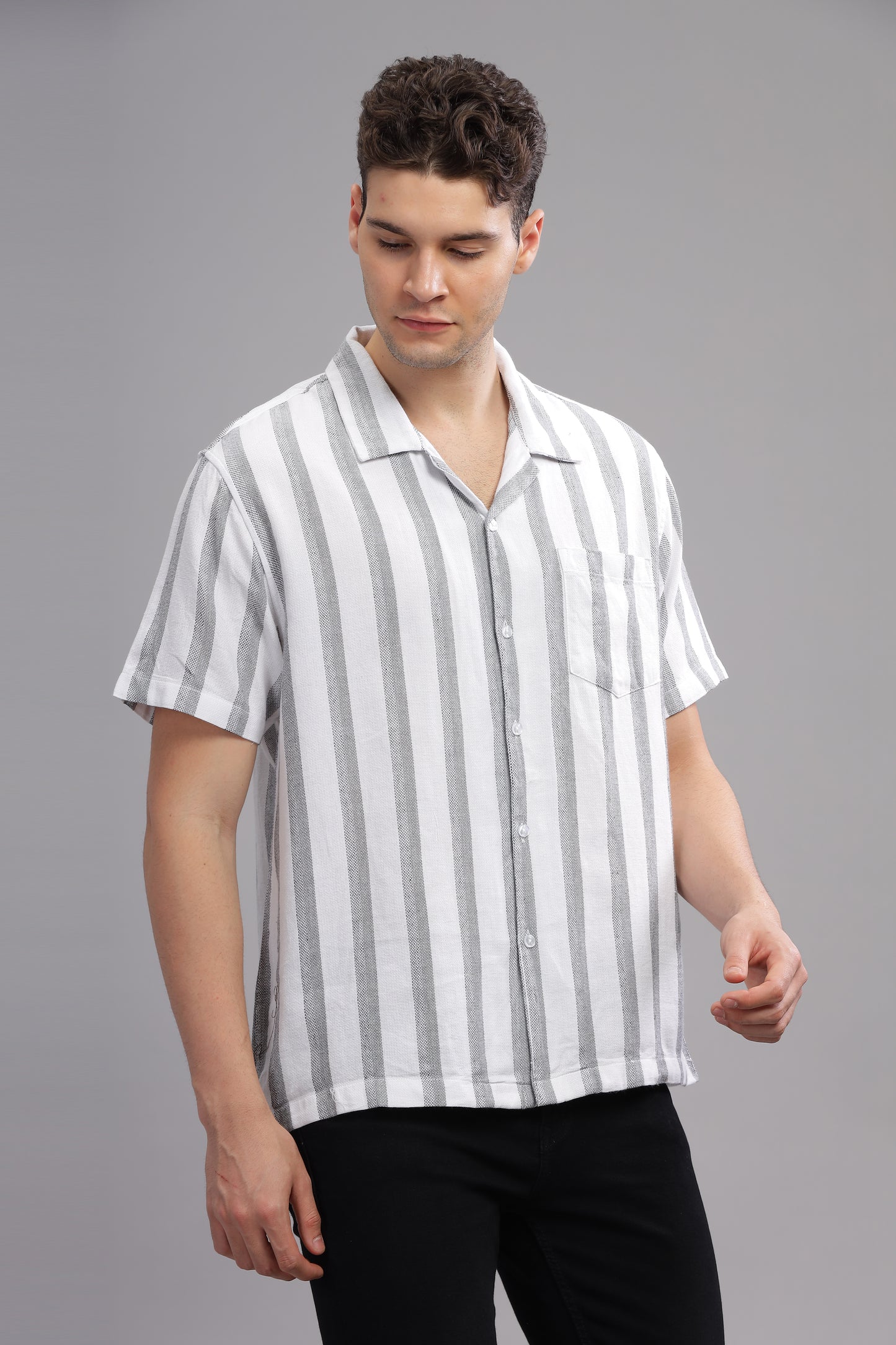 Grey Line Patterned Summer Half Sleeve Striped Shirt