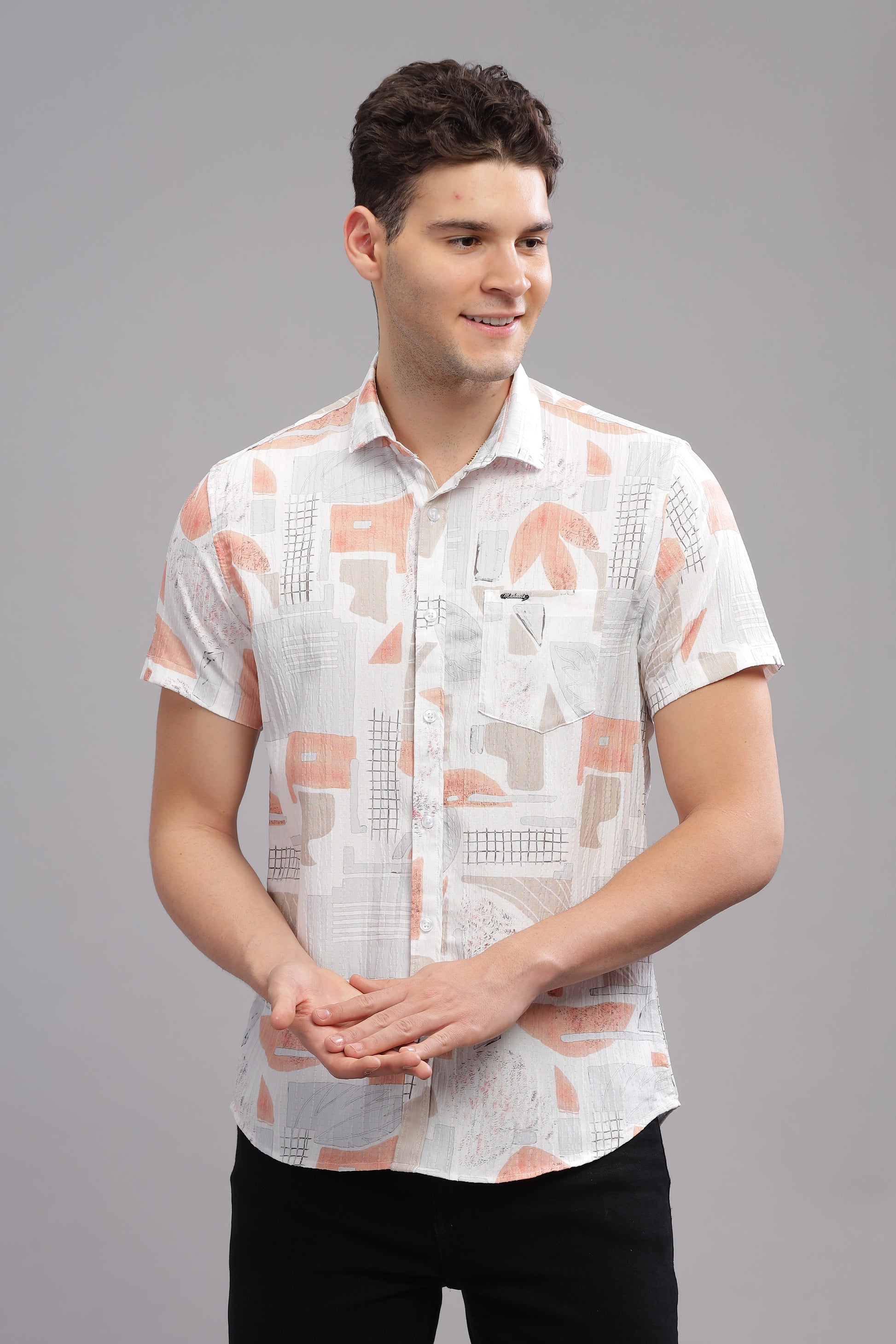 White and Orange Printed Shirts for Men 