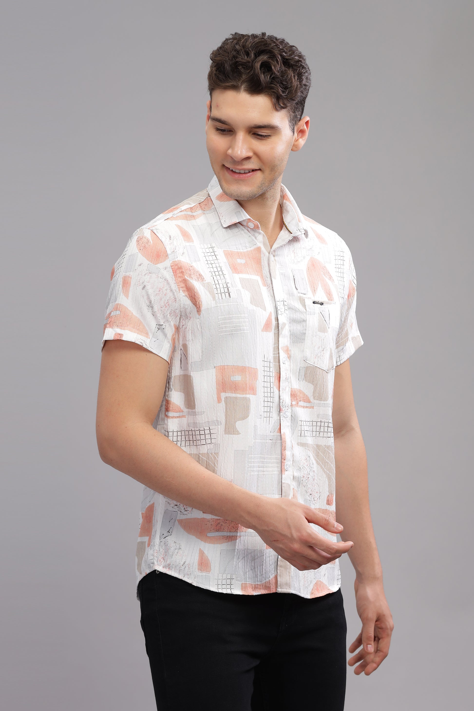 White and Orange Printed Shirts for Men 