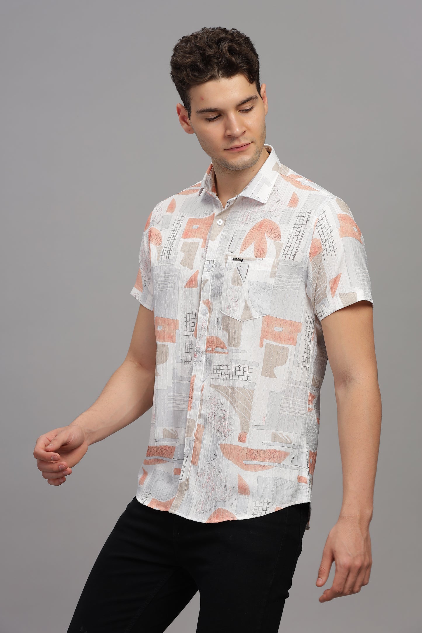 White and Orange Printed Shirts for Men 