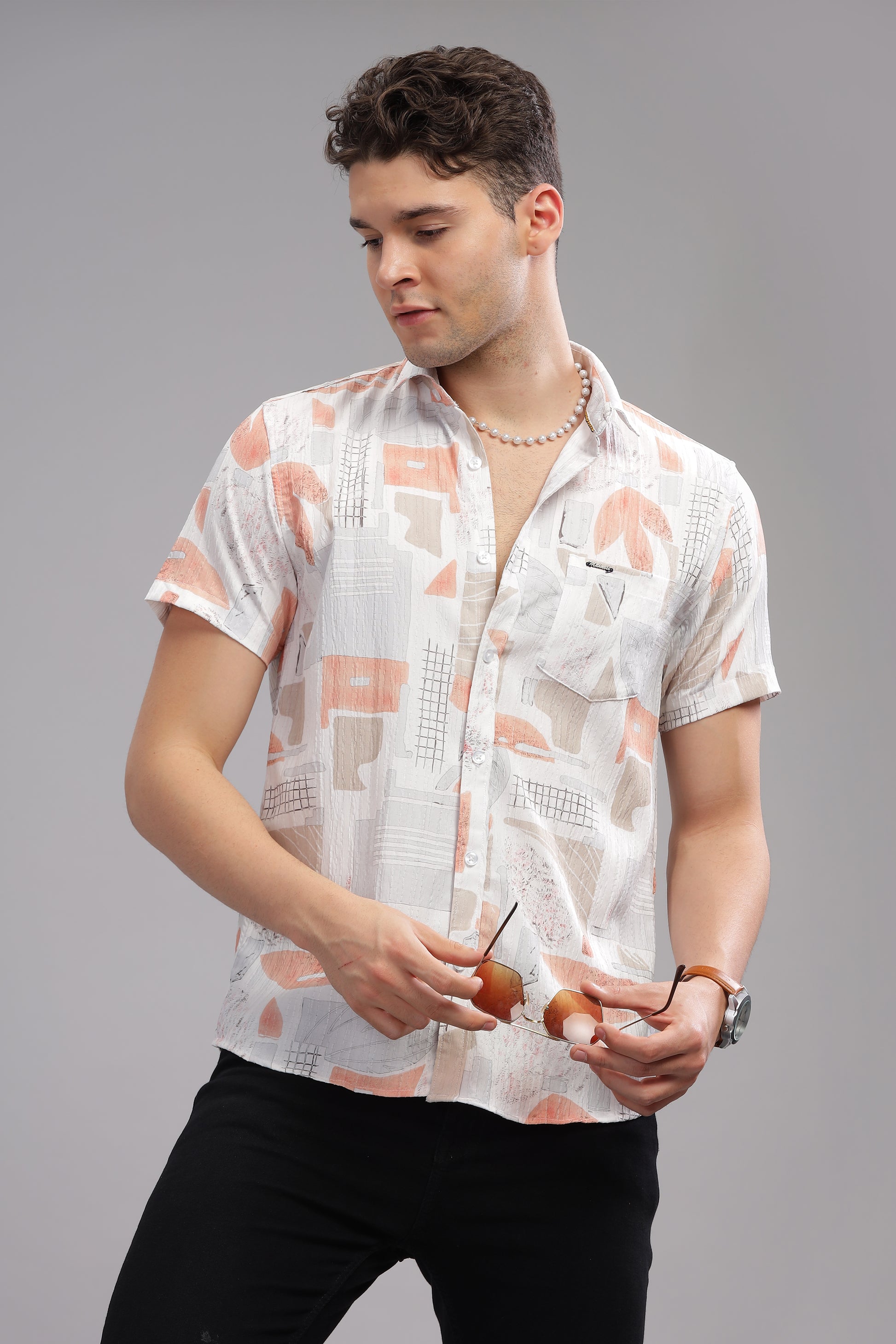 White and Orange Printed Shirts for Men 