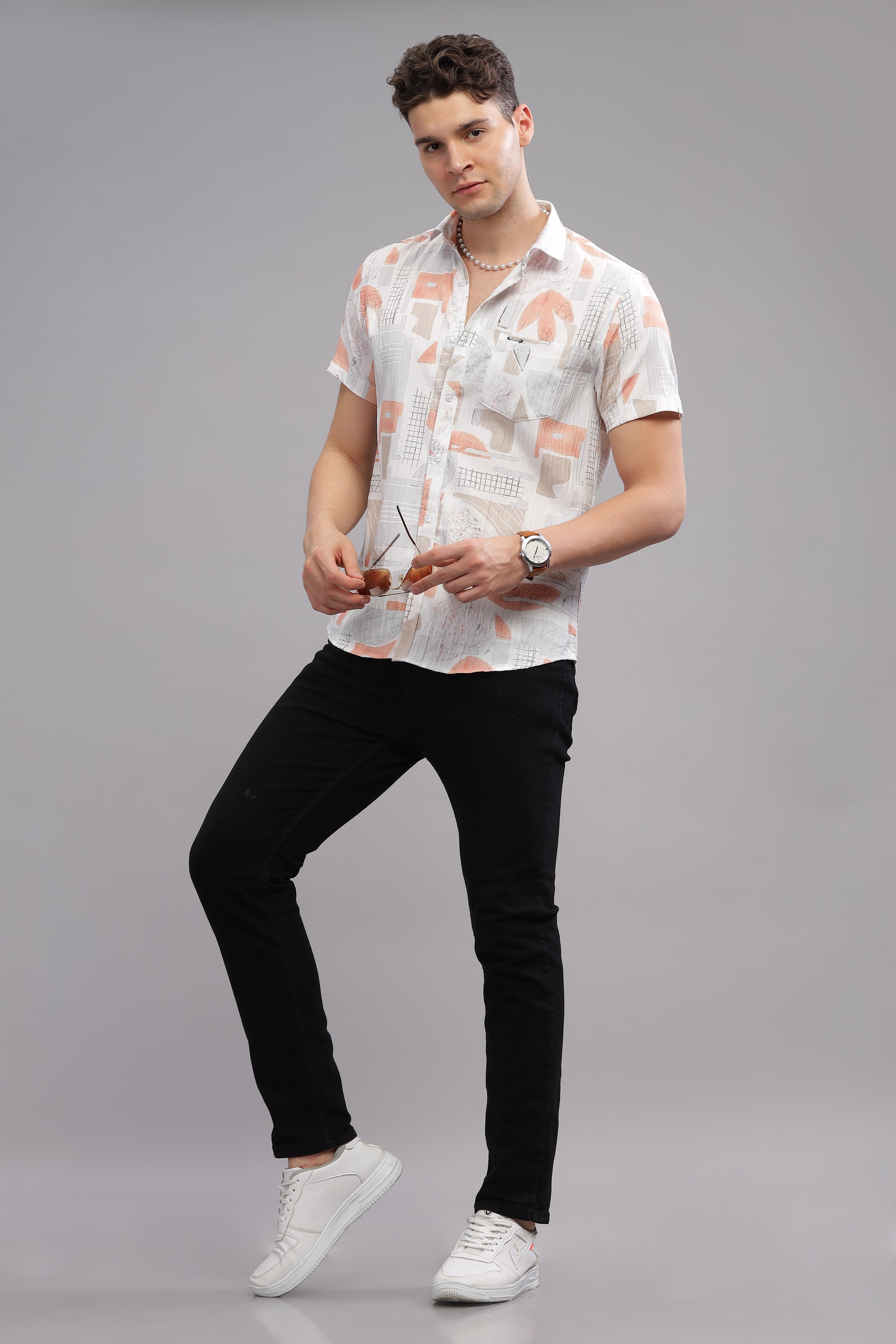 White and Orange Printed Shirts for Men 