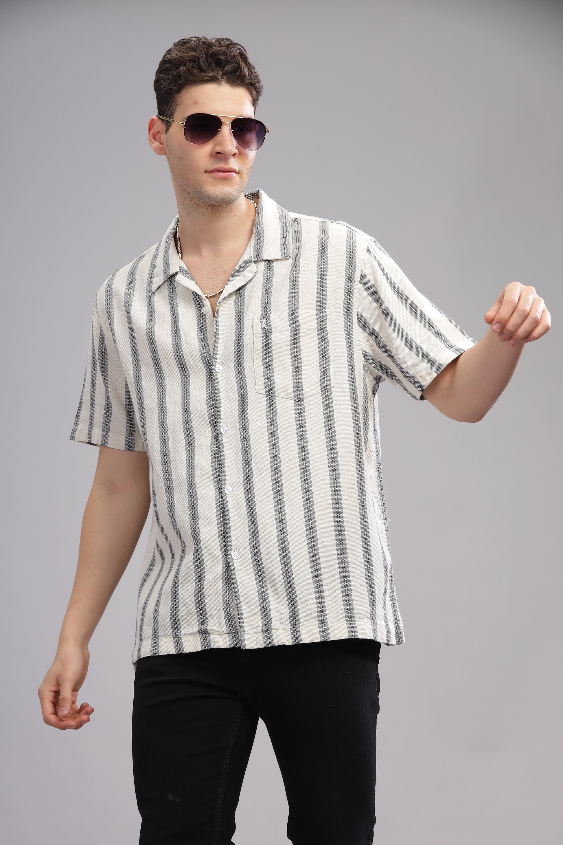 White and Grey Dobby Striped Half Sleeve Shirt for Men