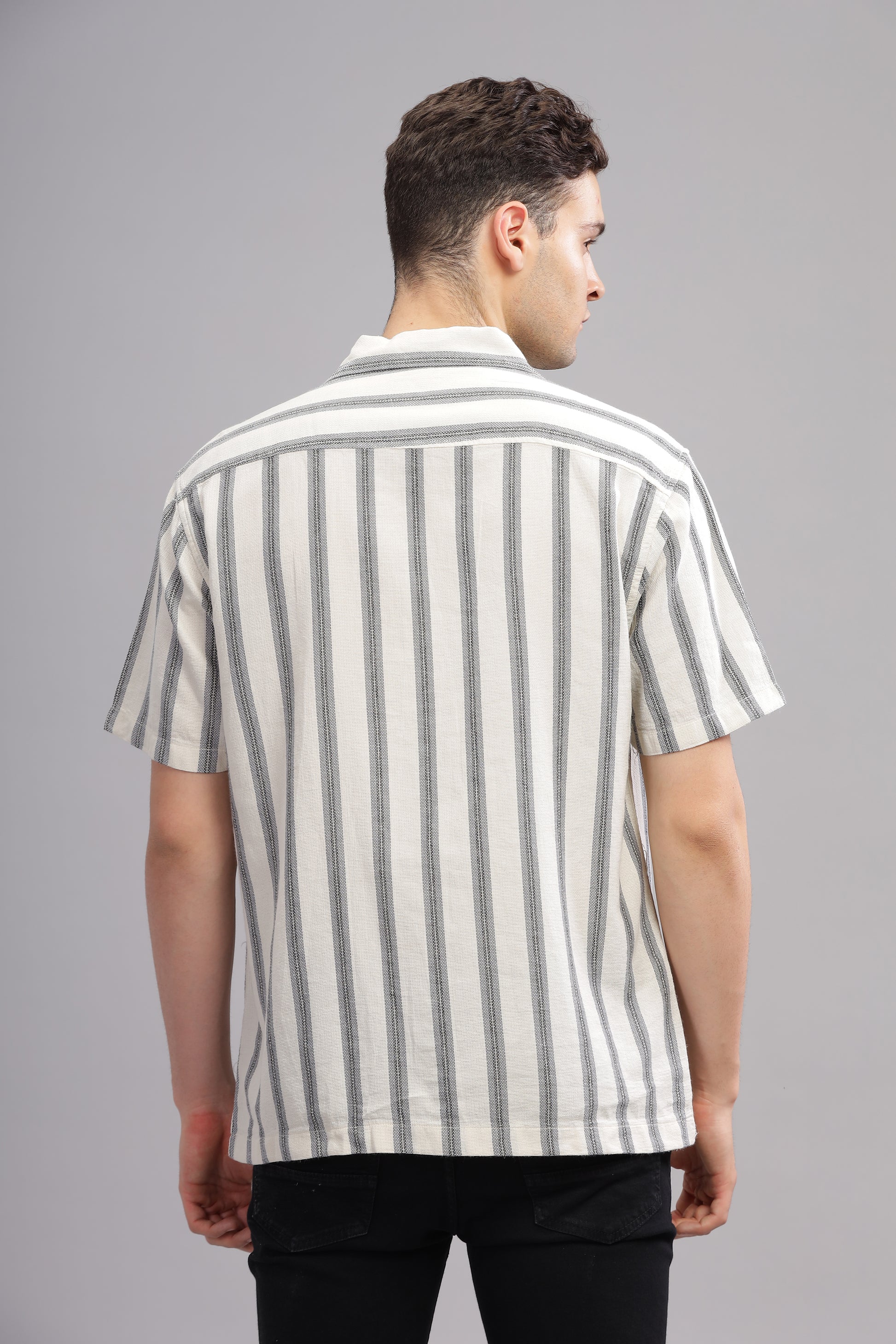 White and Grey Dobby Striped Half Sleeve Shirt for Men