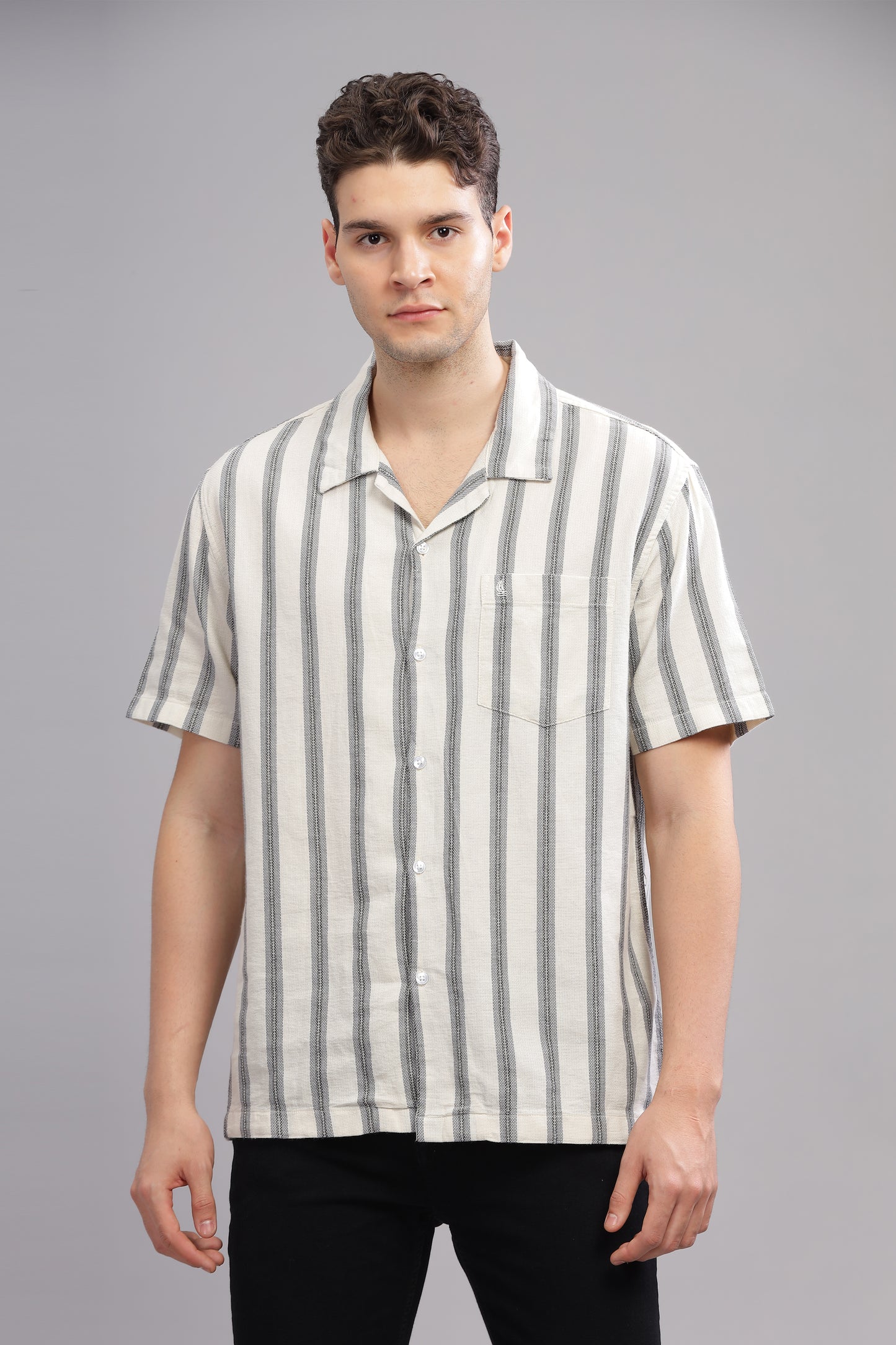 White and Grey Dobby Striped Half Sleeve Shirt for Men