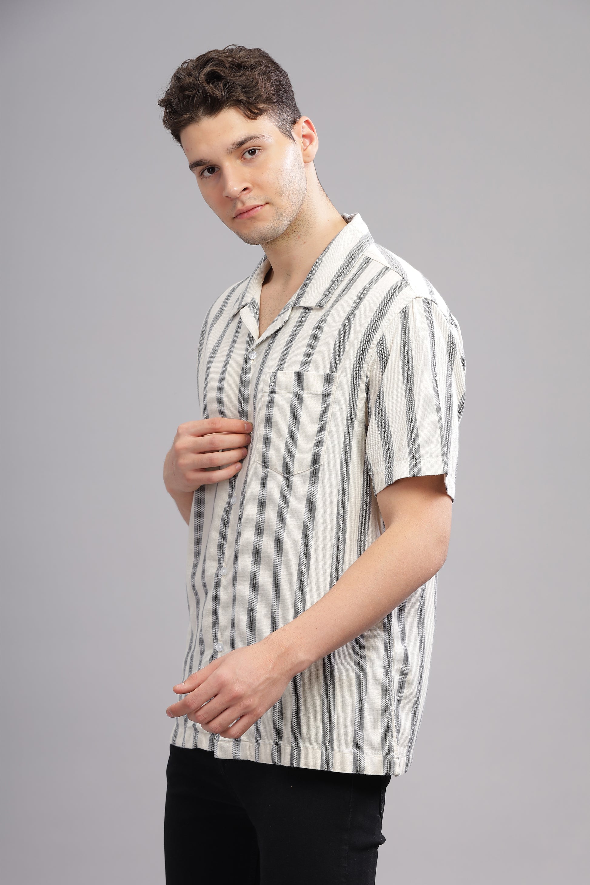 White and Grey Dobby Striped Half Sleeve Shirt for Men