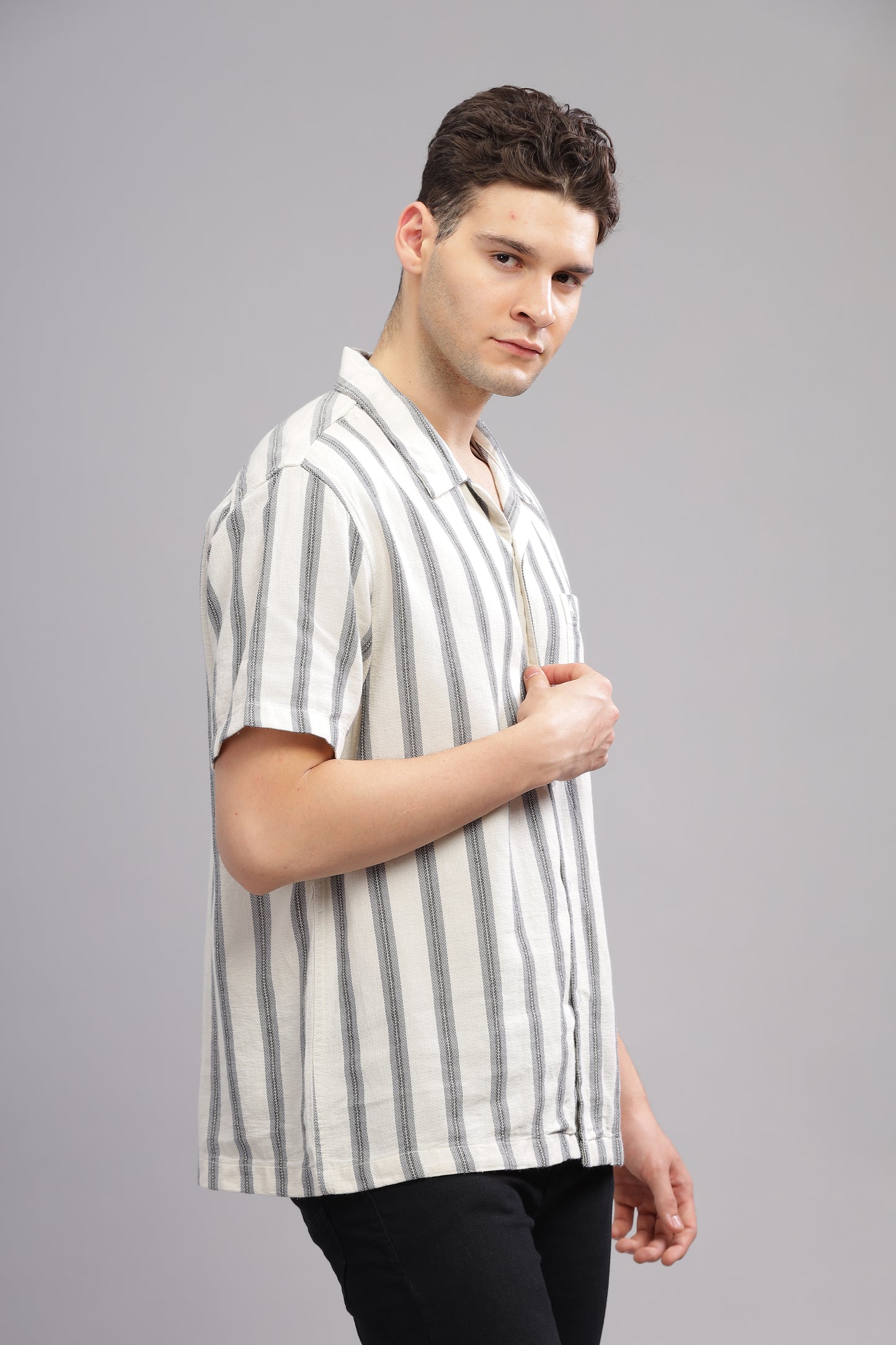 White and Grey Dobby Striped Half Sleeve Shirt for Men