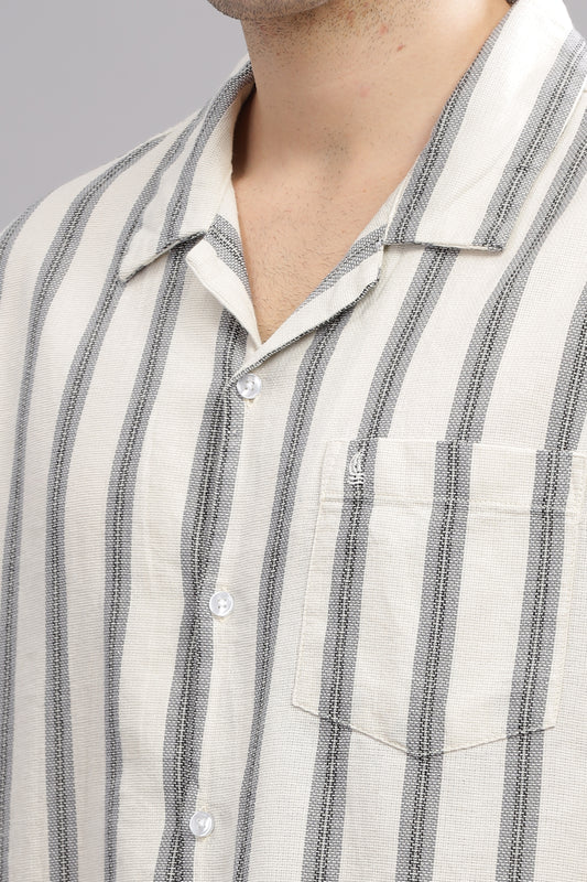 White and Grey Dobby Striped Half Sleeve Shirt for Men