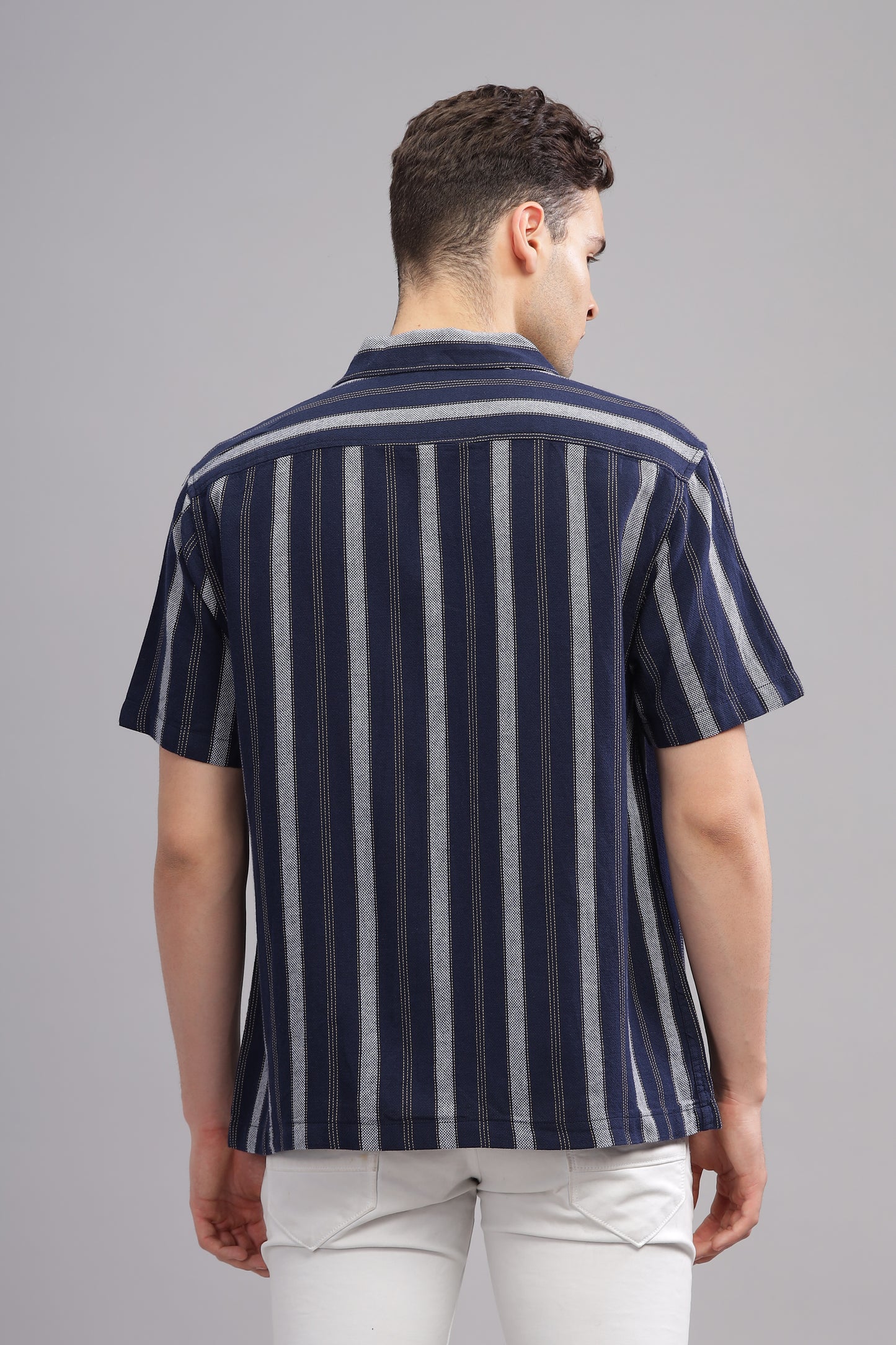 Blue and White Dobby Striped Shirt Half Sleeve for Men