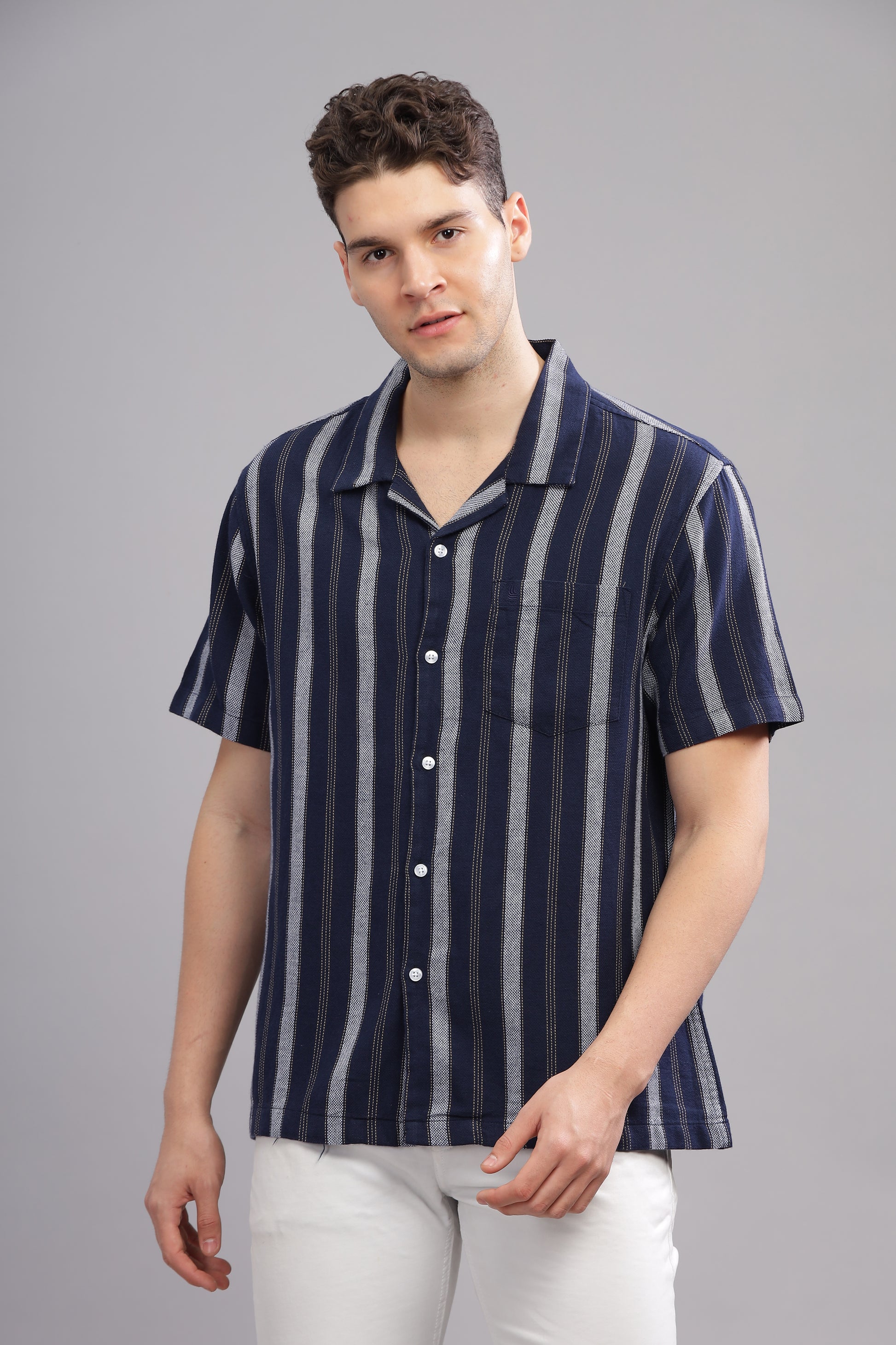 Blue and White Dobby Striped Shirt Half Sleeve for Men