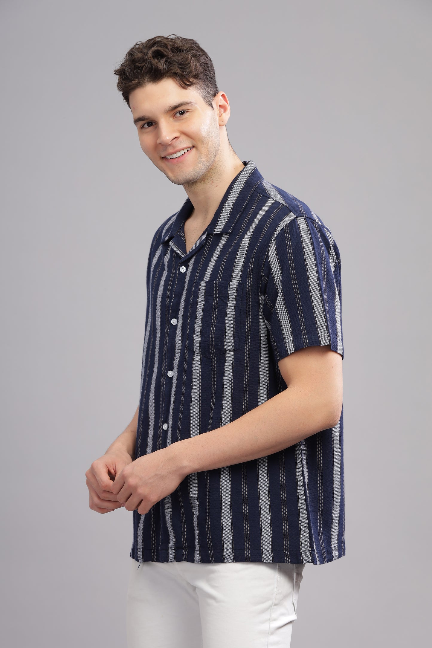 Blue and White Dobby Striped Shirt Half Sleeve for Men