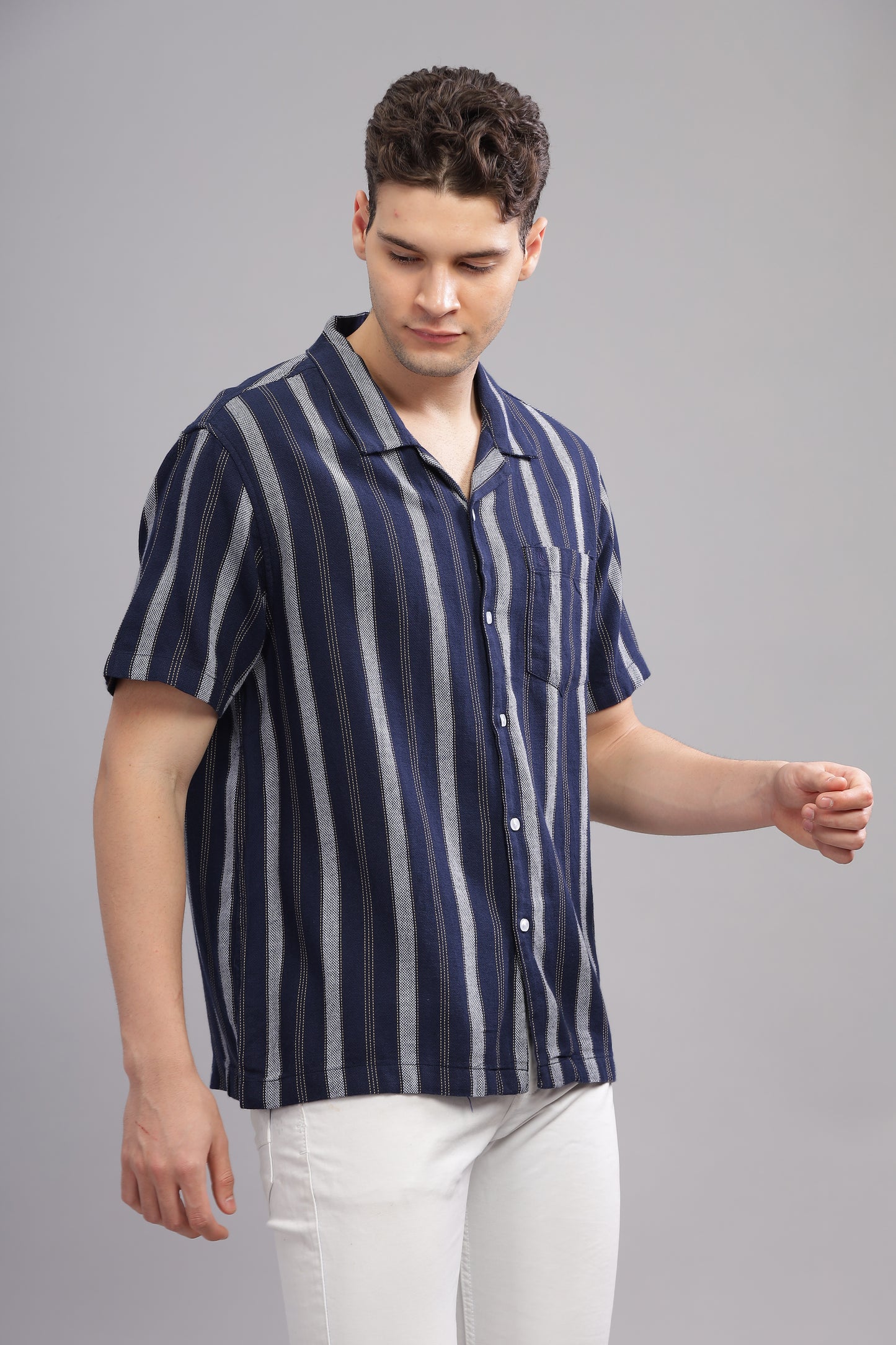 Blue and White Dobby Striped Shirt Half Sleeve for Men