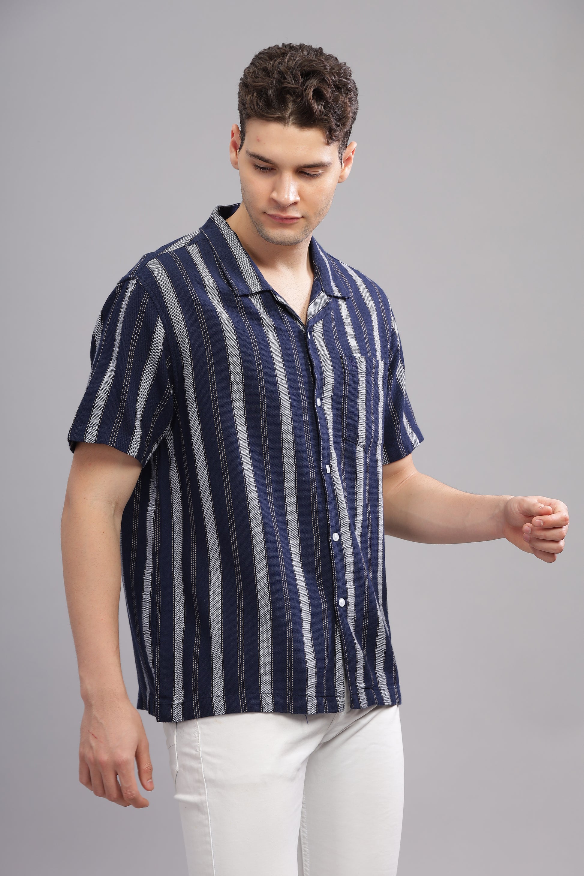 Blue and White Dobby Striped Shirt Half Sleeve for Men