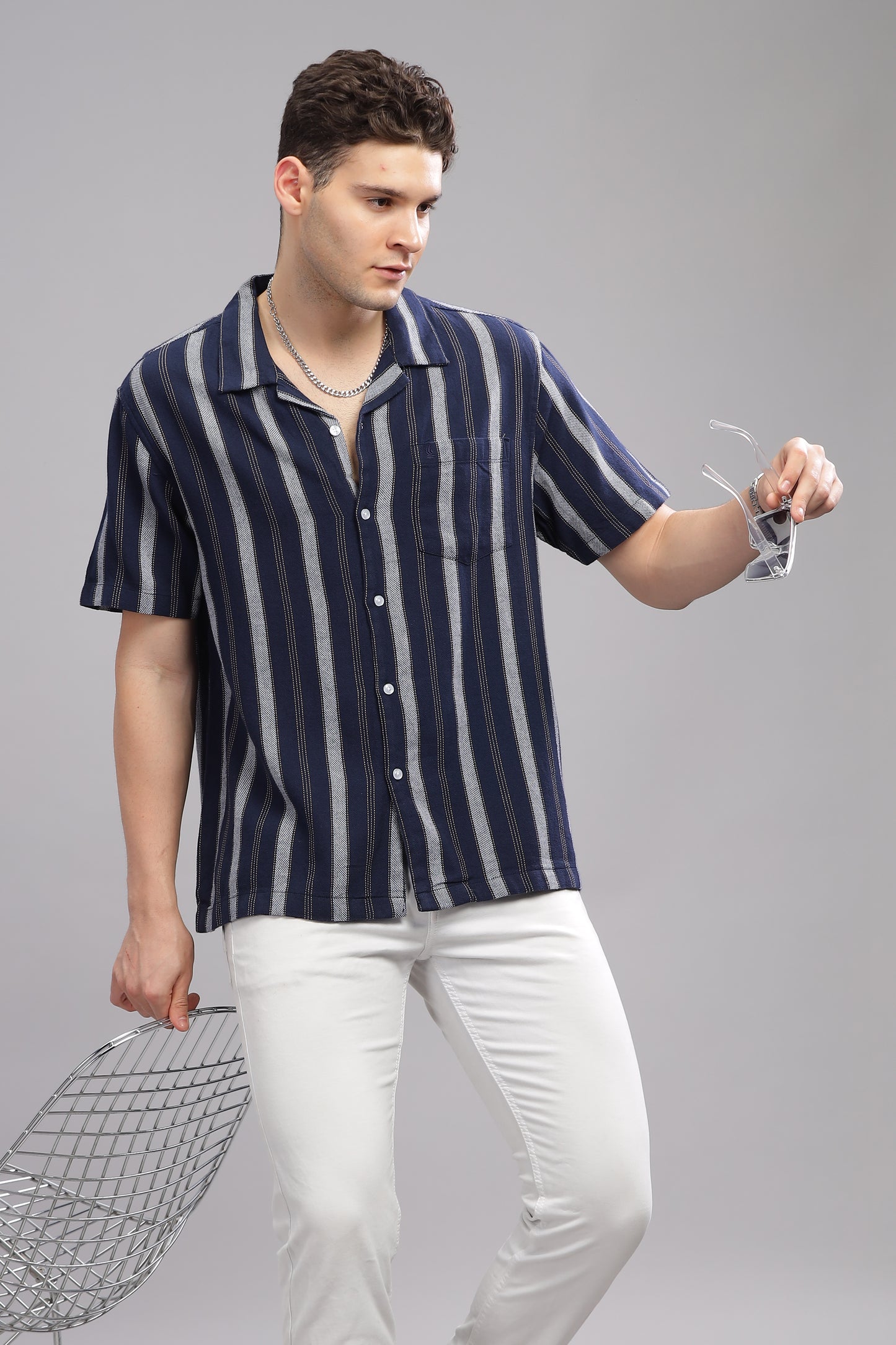 Blue and White Dobby Striped Shirt Half Sleeve for Men