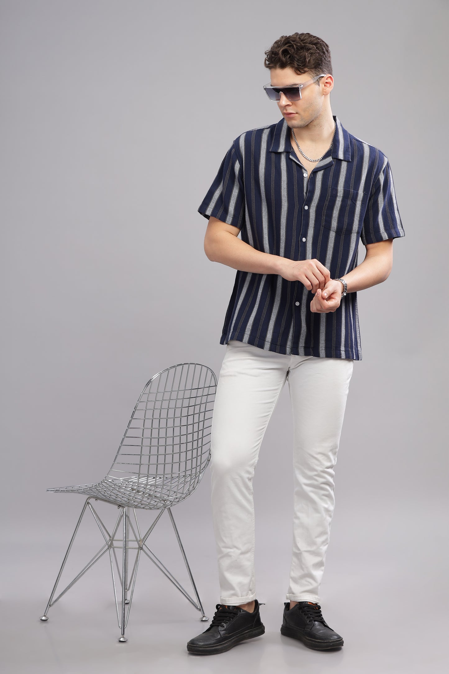 Blue and White Dobby Striped Shirt Half Sleeve for Men