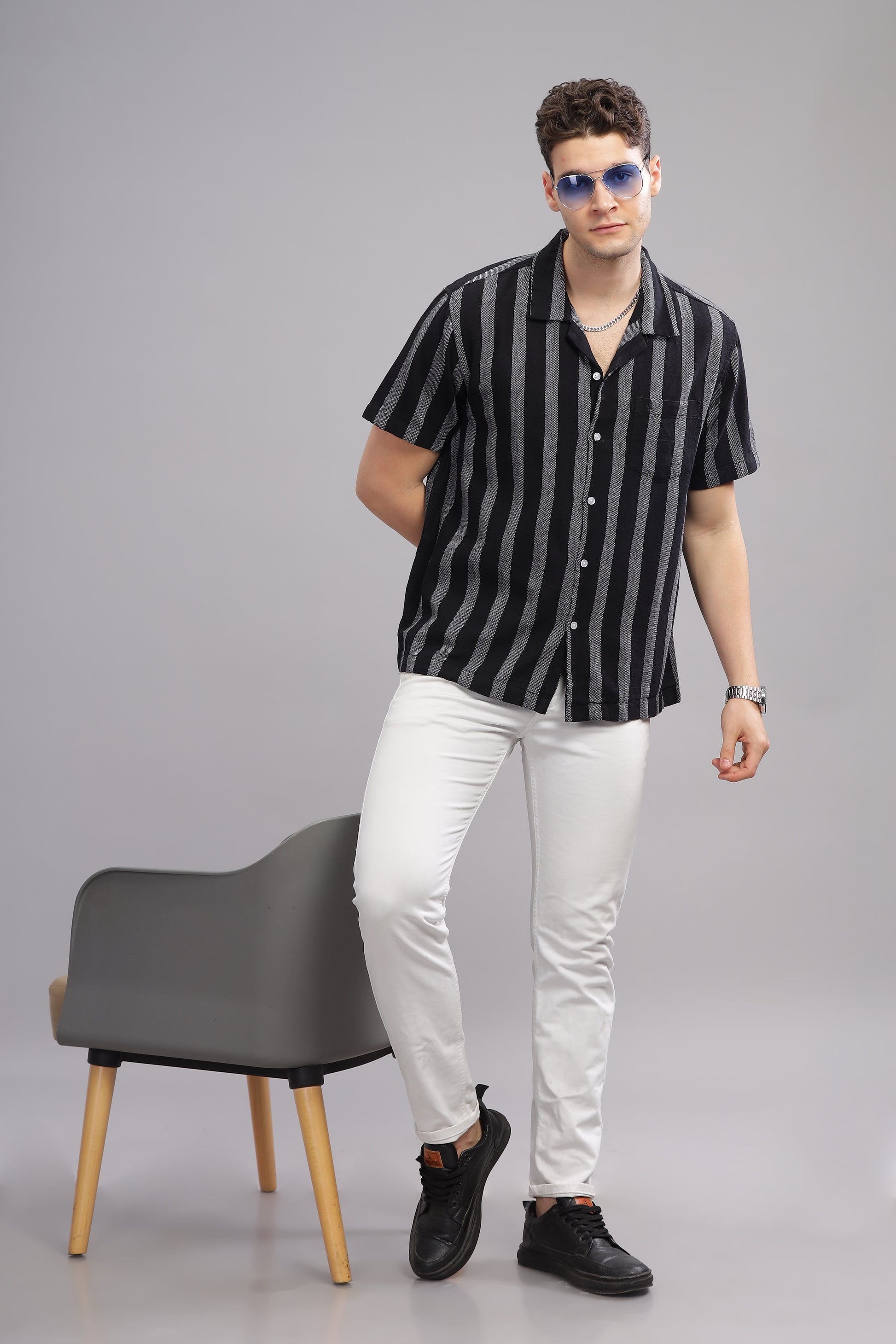 Black and Grey Textured Vertical Striped Half Sleeve Shirt