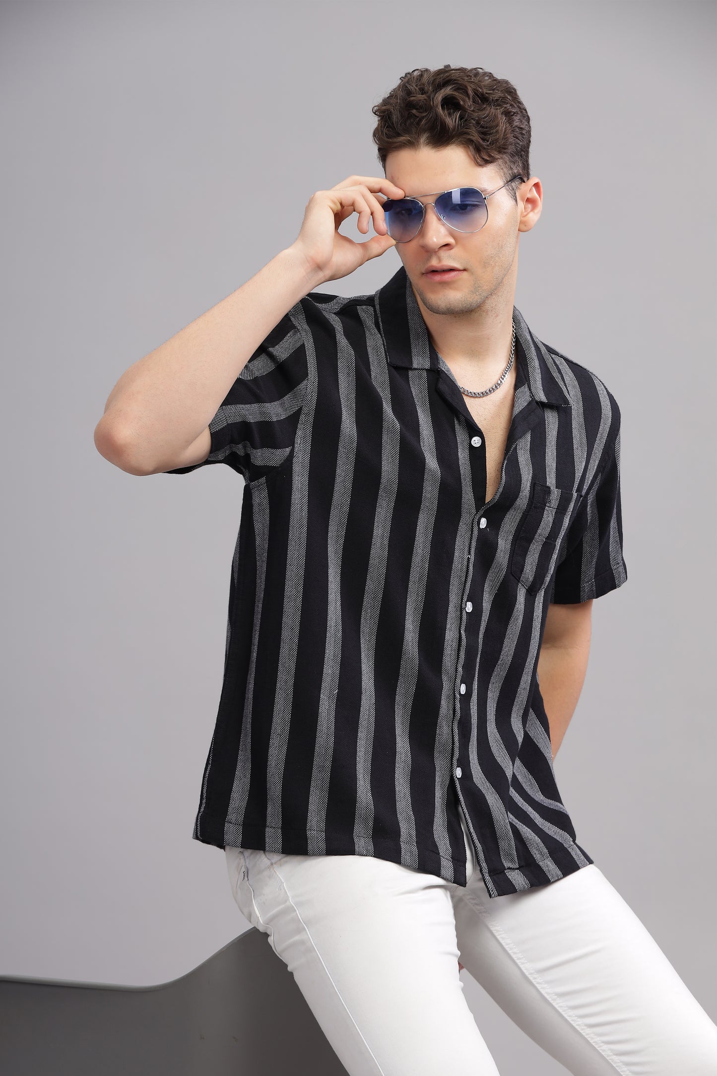 Black and Grey Textured Vertical Striped Half Sleeve Shirt