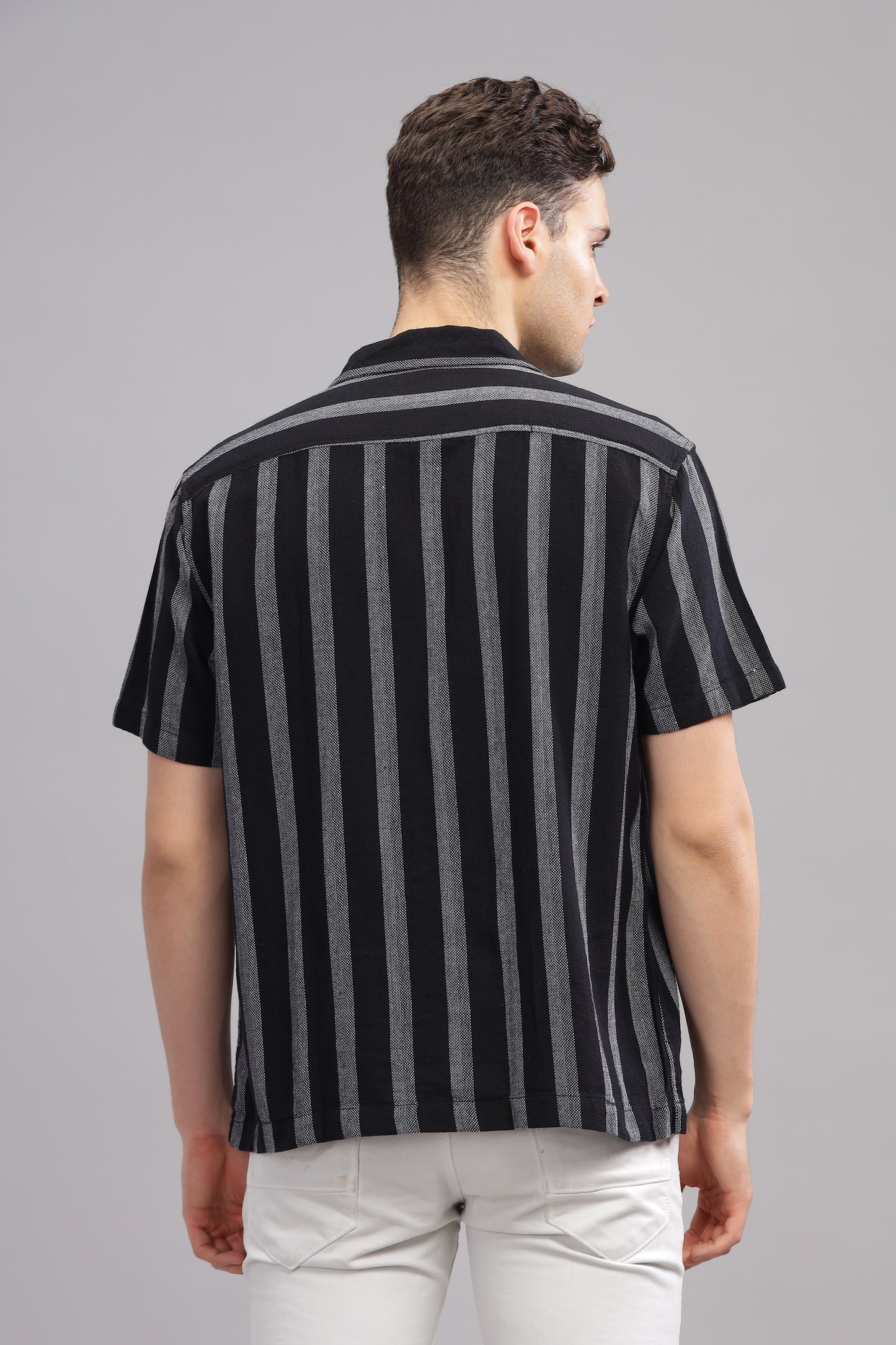 Black and Grey Textured Vertical Striped Half Sleeve Shirt