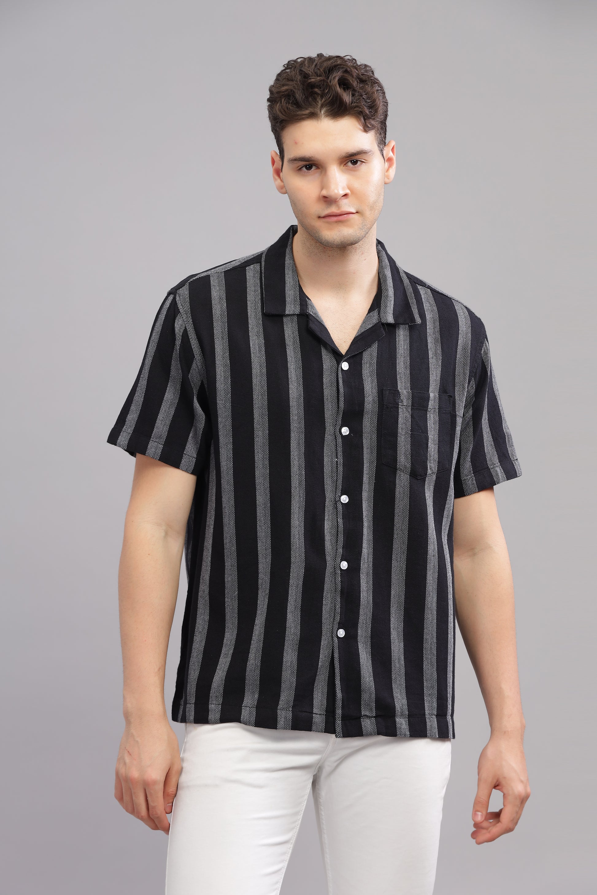 Black and Grey Textured Vertical Striped Half Sleeve Shirt