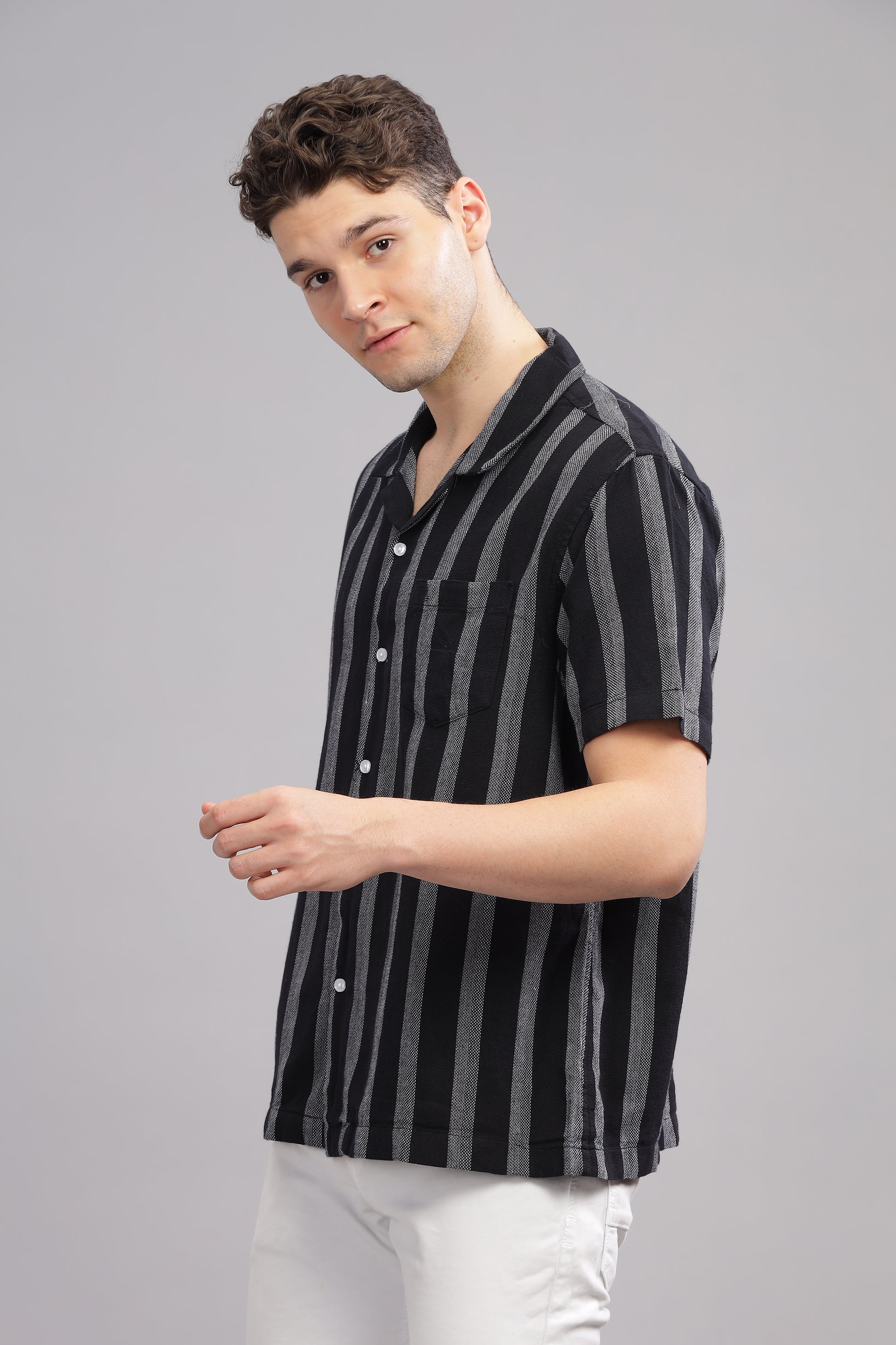 Black and Grey Textured Vertical Striped Half Sleeve Shirt