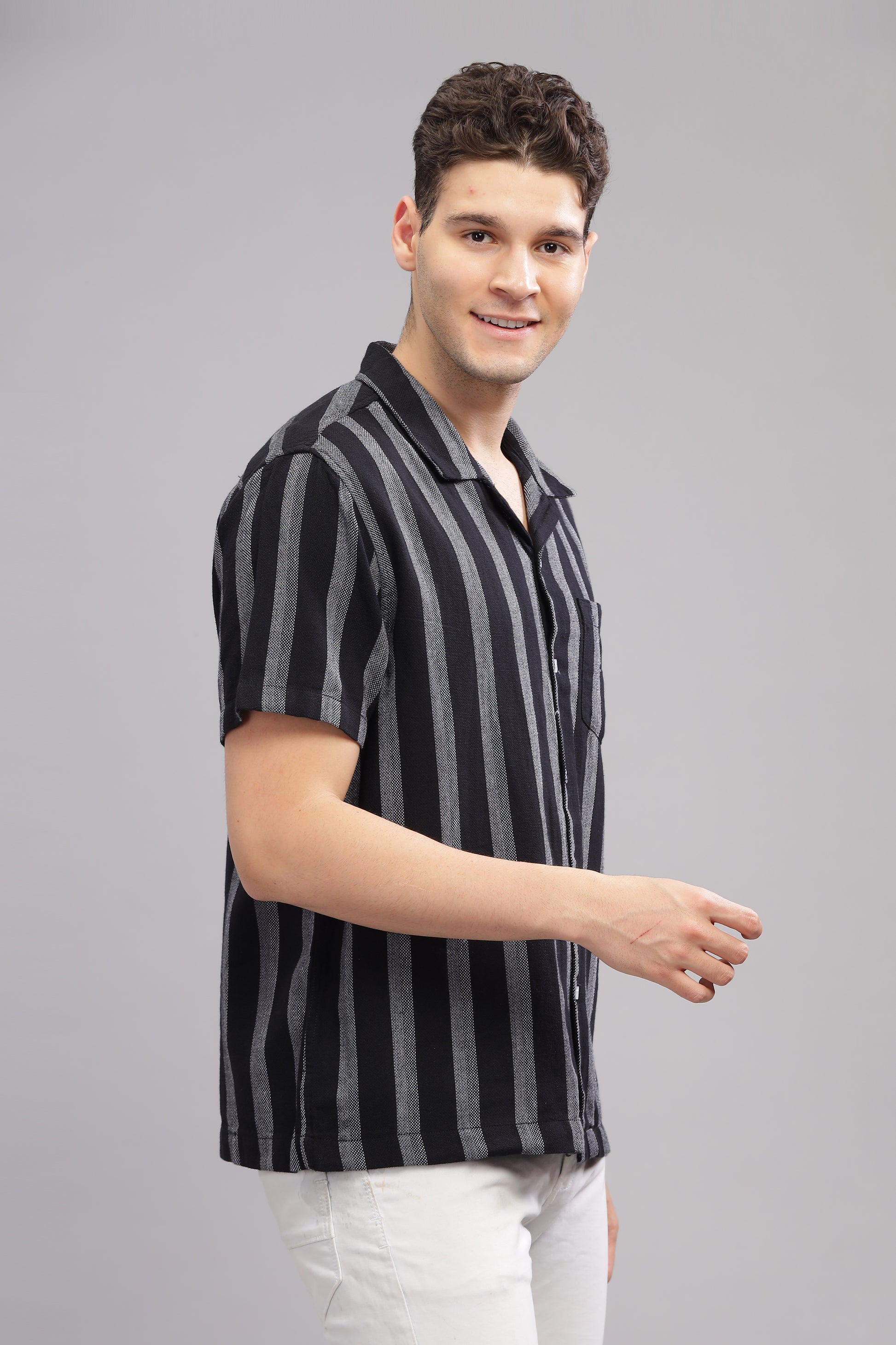 Black and Grey Textured Vertical Striped Half Sleeve Shirt