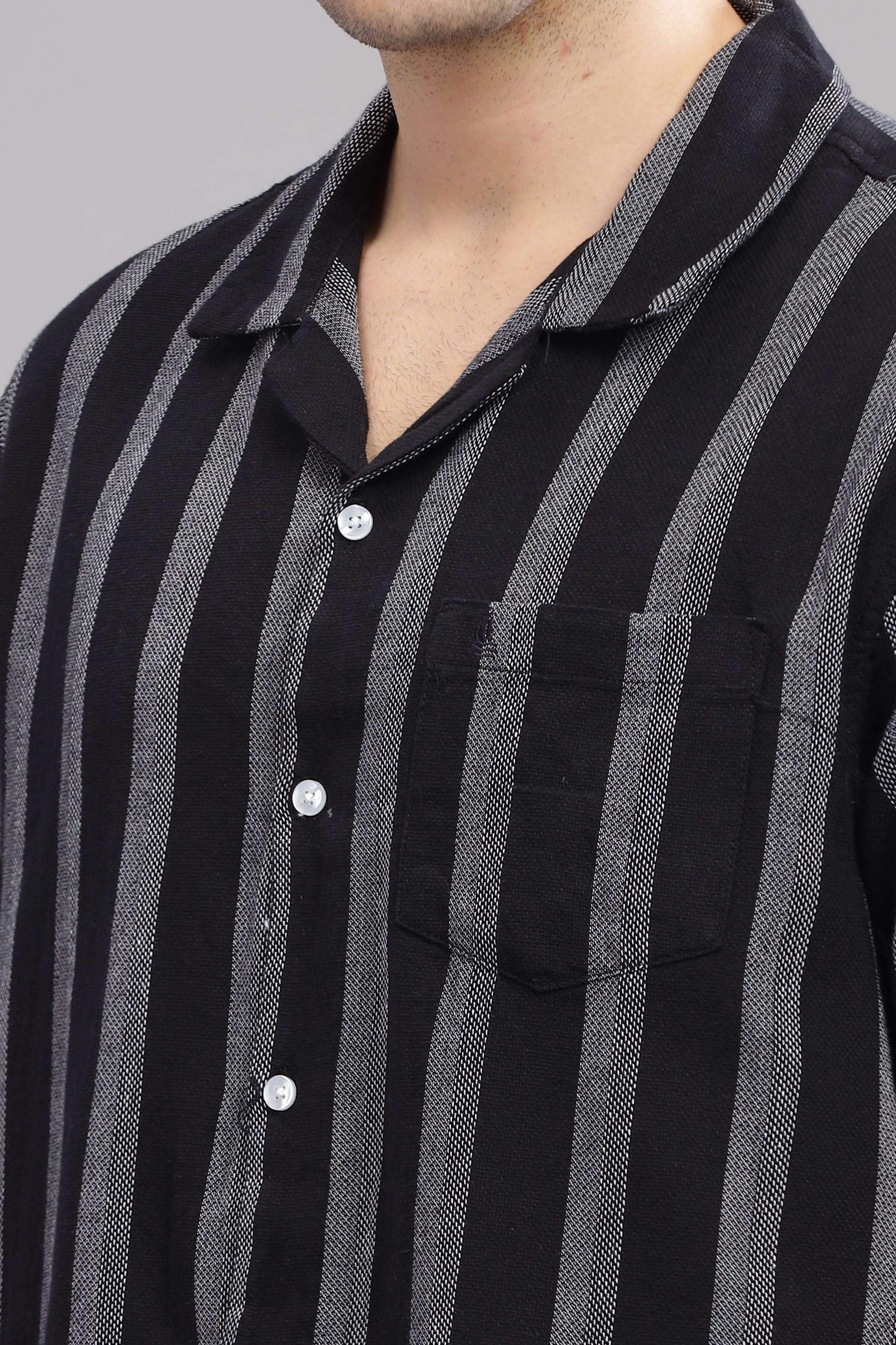 Black and Grey Textured Vertical Striped Half Sleeve Shirt