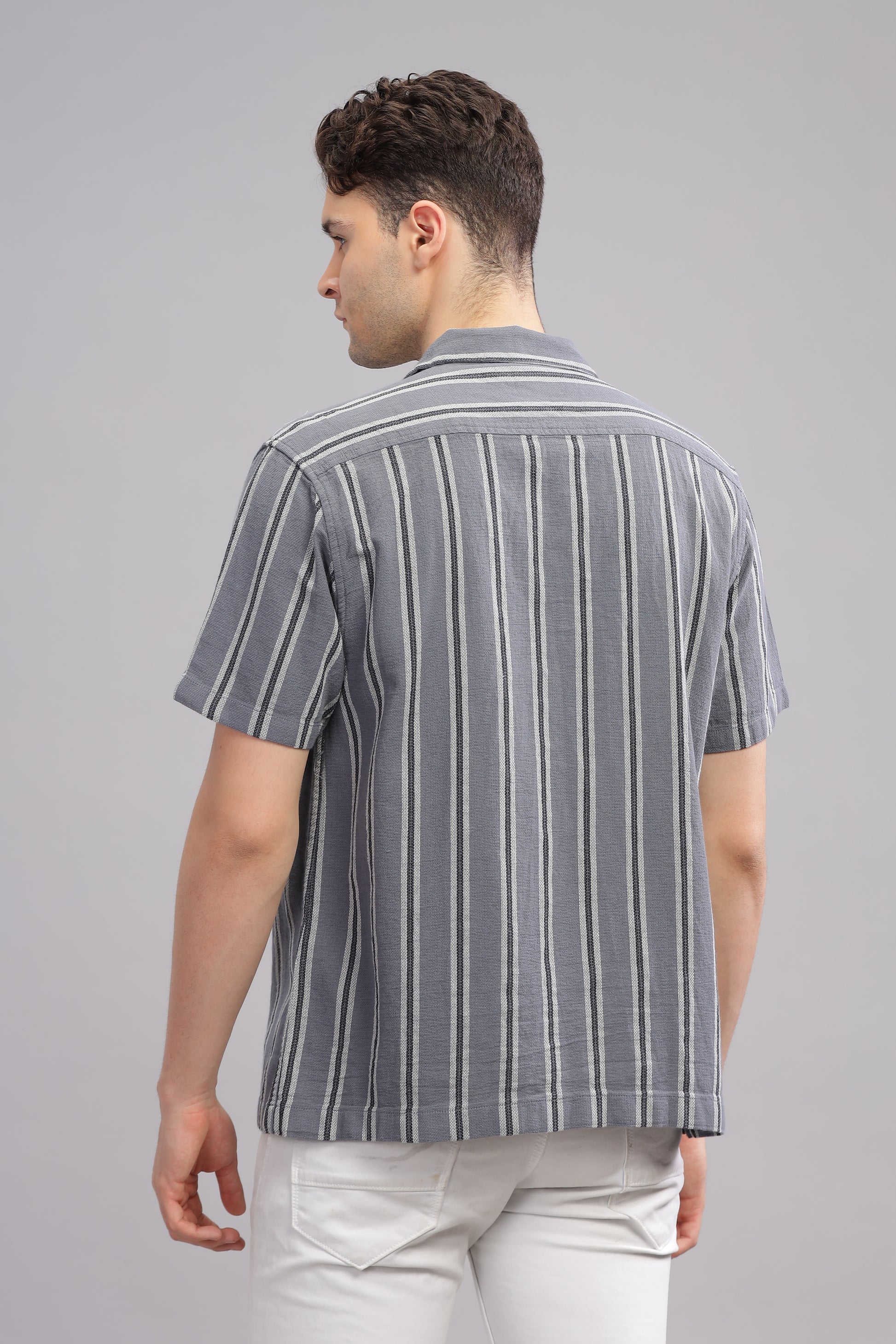 Grey Dobby Summer Half Sleeve Striped Shirt for Men