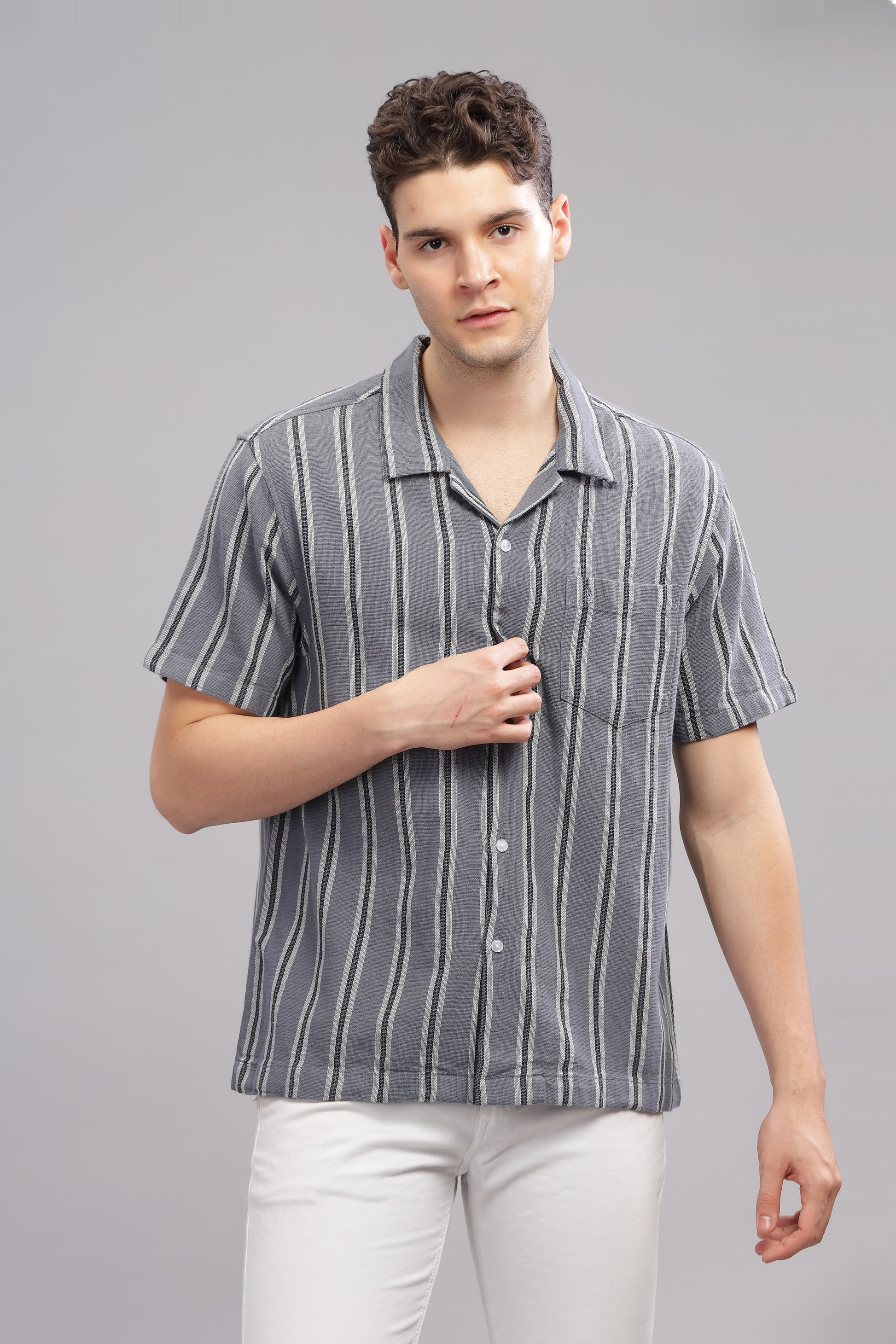 Grey Dobby Summer Half Sleeve Striped Shirt for Men