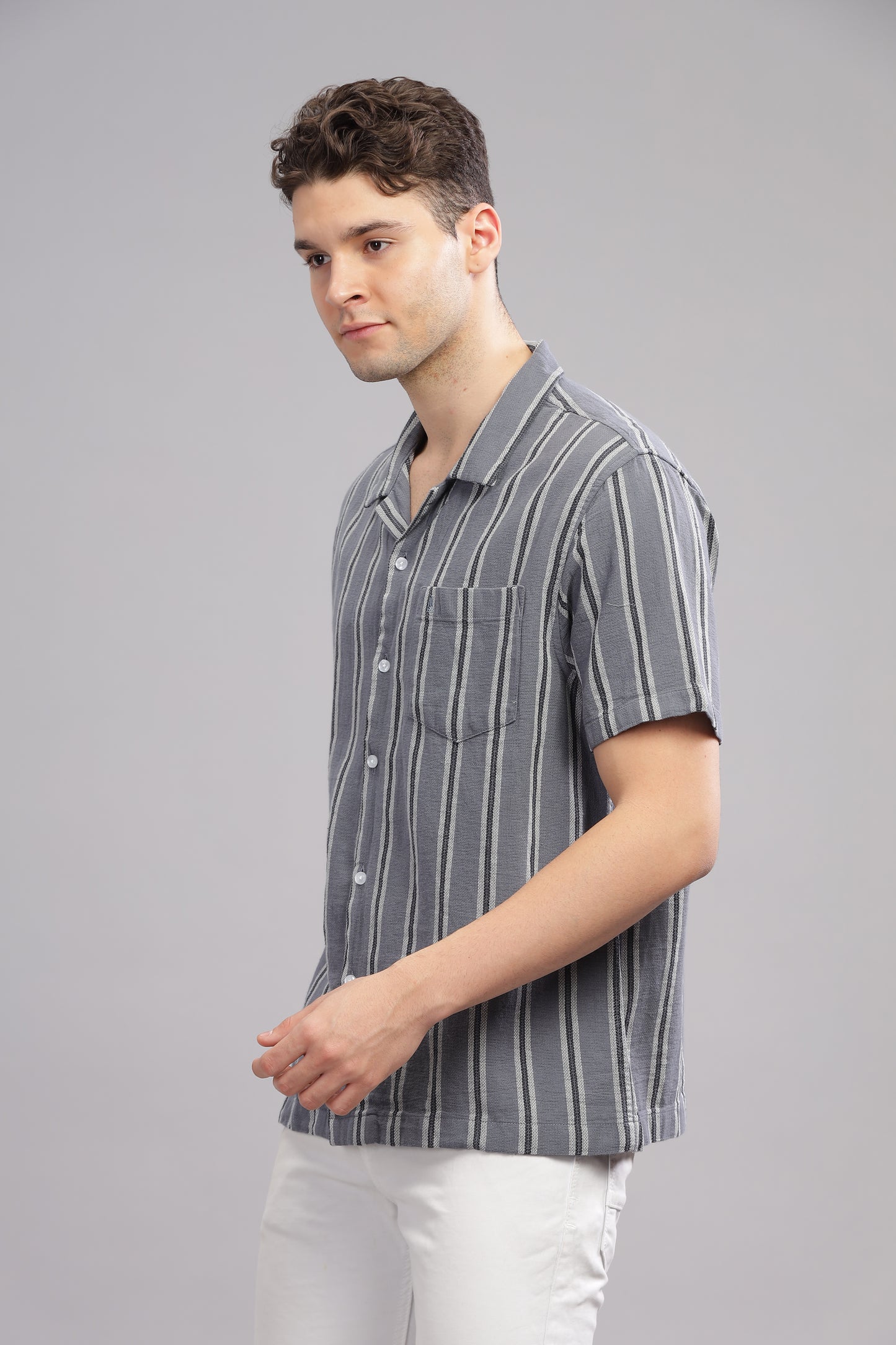 Grey Dobby Summer Half Sleeve Striped Shirt for Men