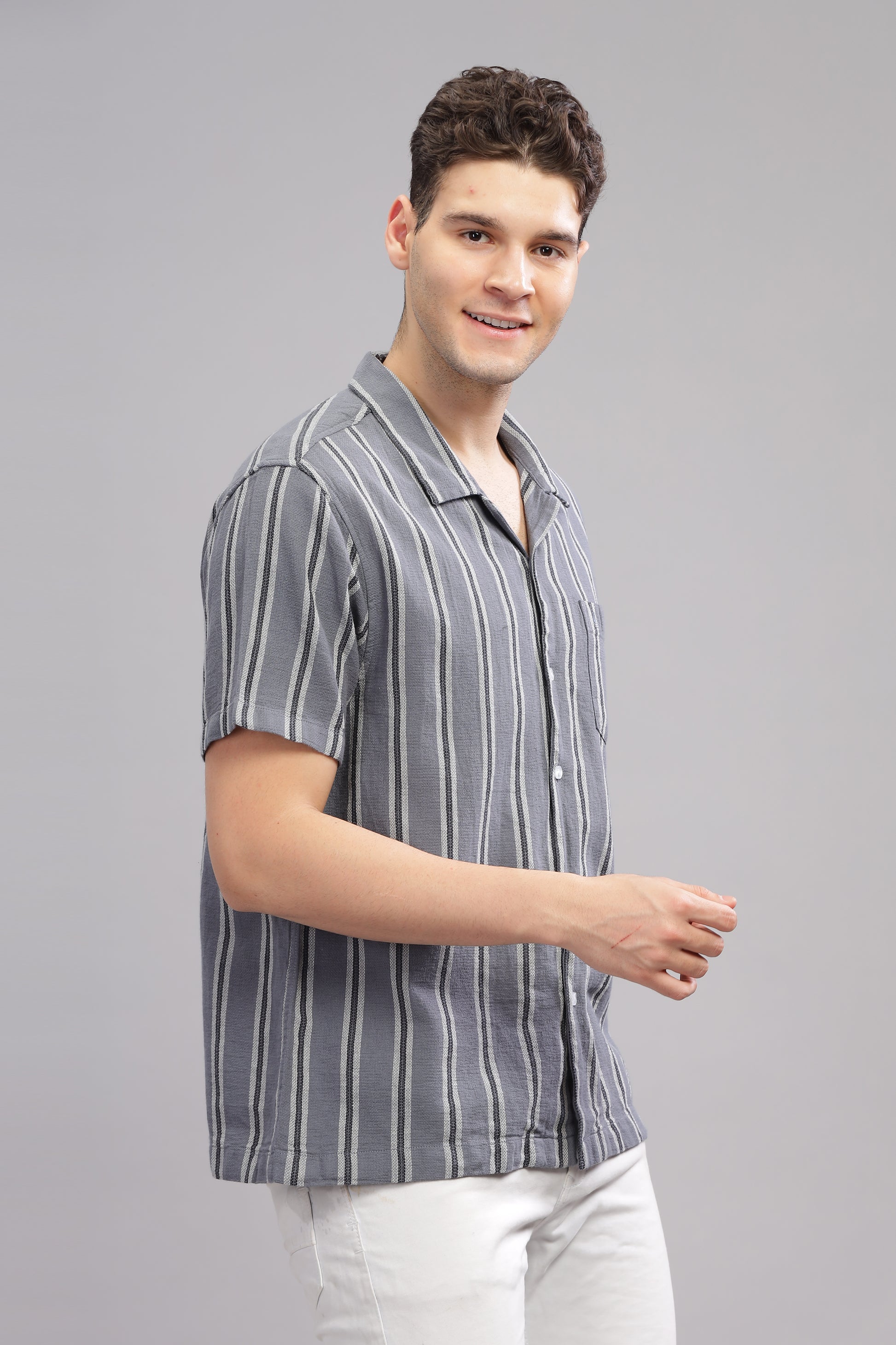 Grey Dobby Summer Half Sleeve Striped Shirt for Men