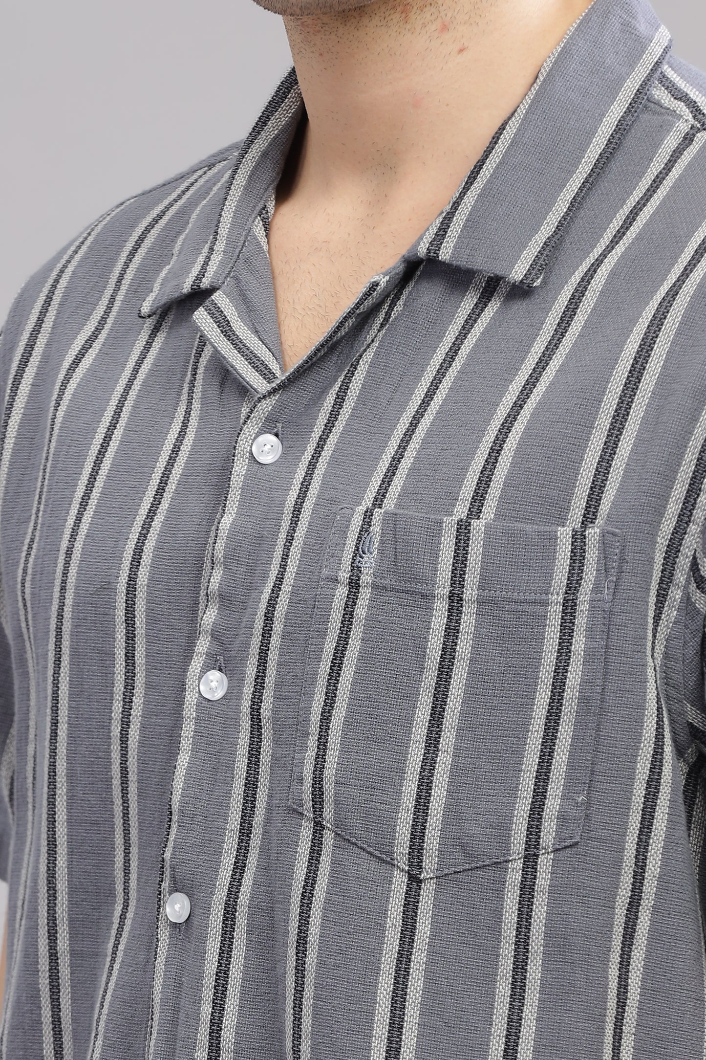 Grey Dobby Summer Half Sleeve Striped Shirt for Men