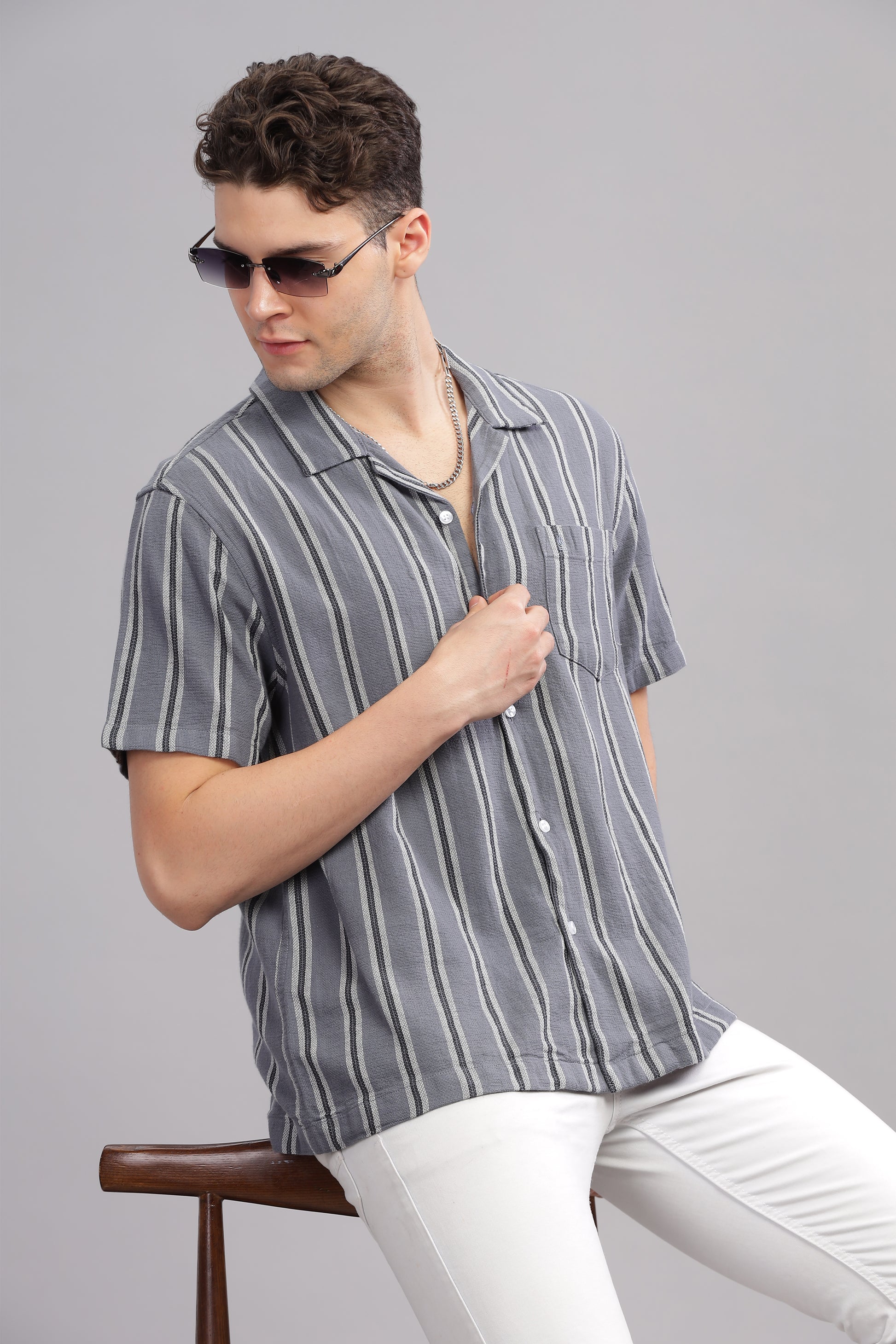 Grey Dobby Summer Half Sleeve Striped Shirt for Men