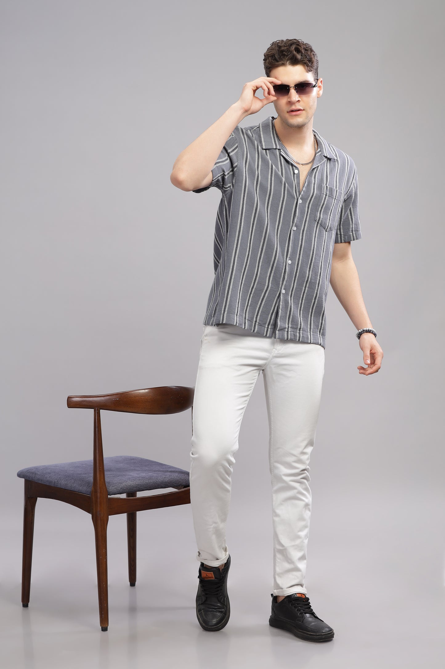 Grey Dobby Summer Half Sleeve Striped Shirt for Men