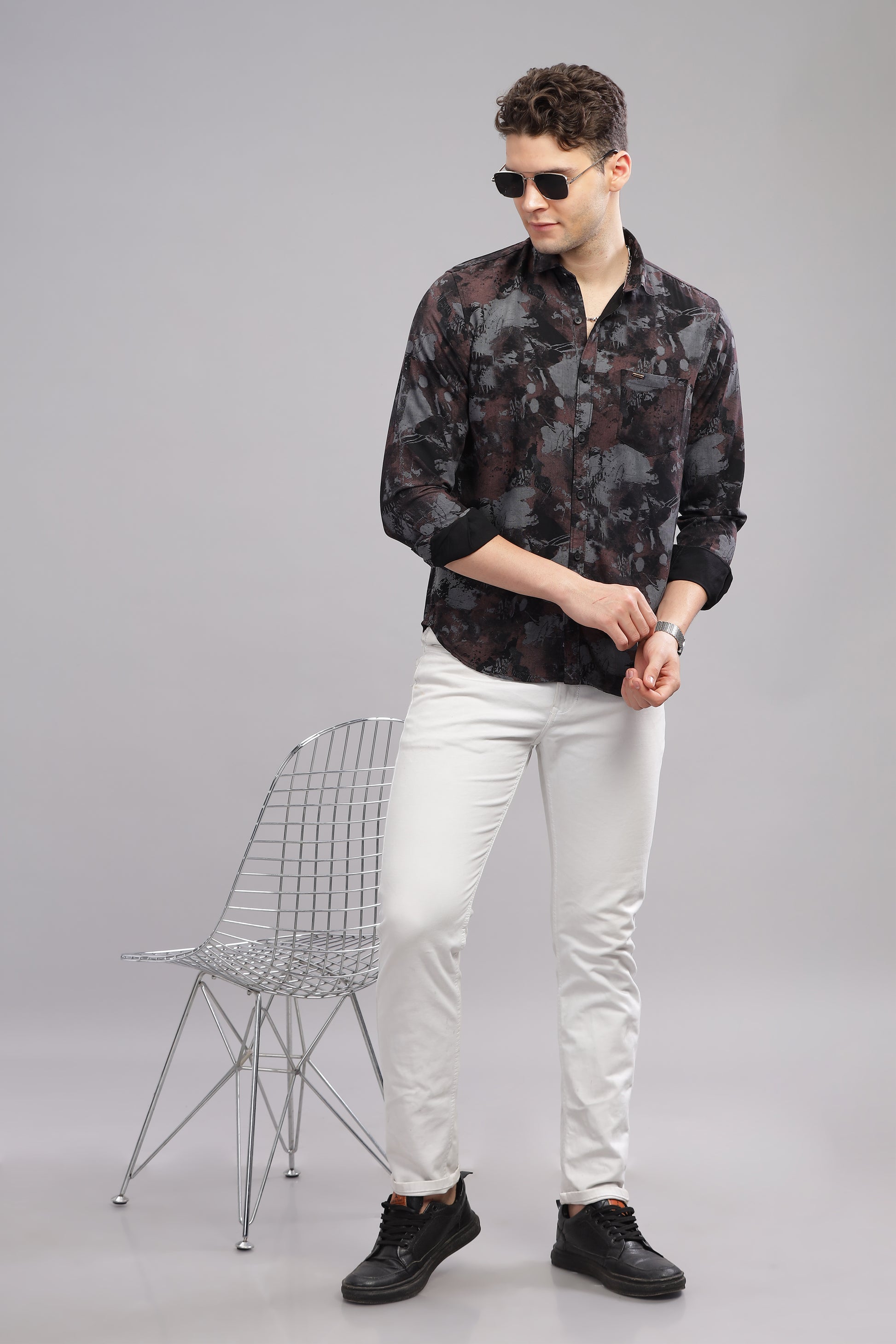 White and Grey Royal Rayon Cotton Printed Shirt for Men