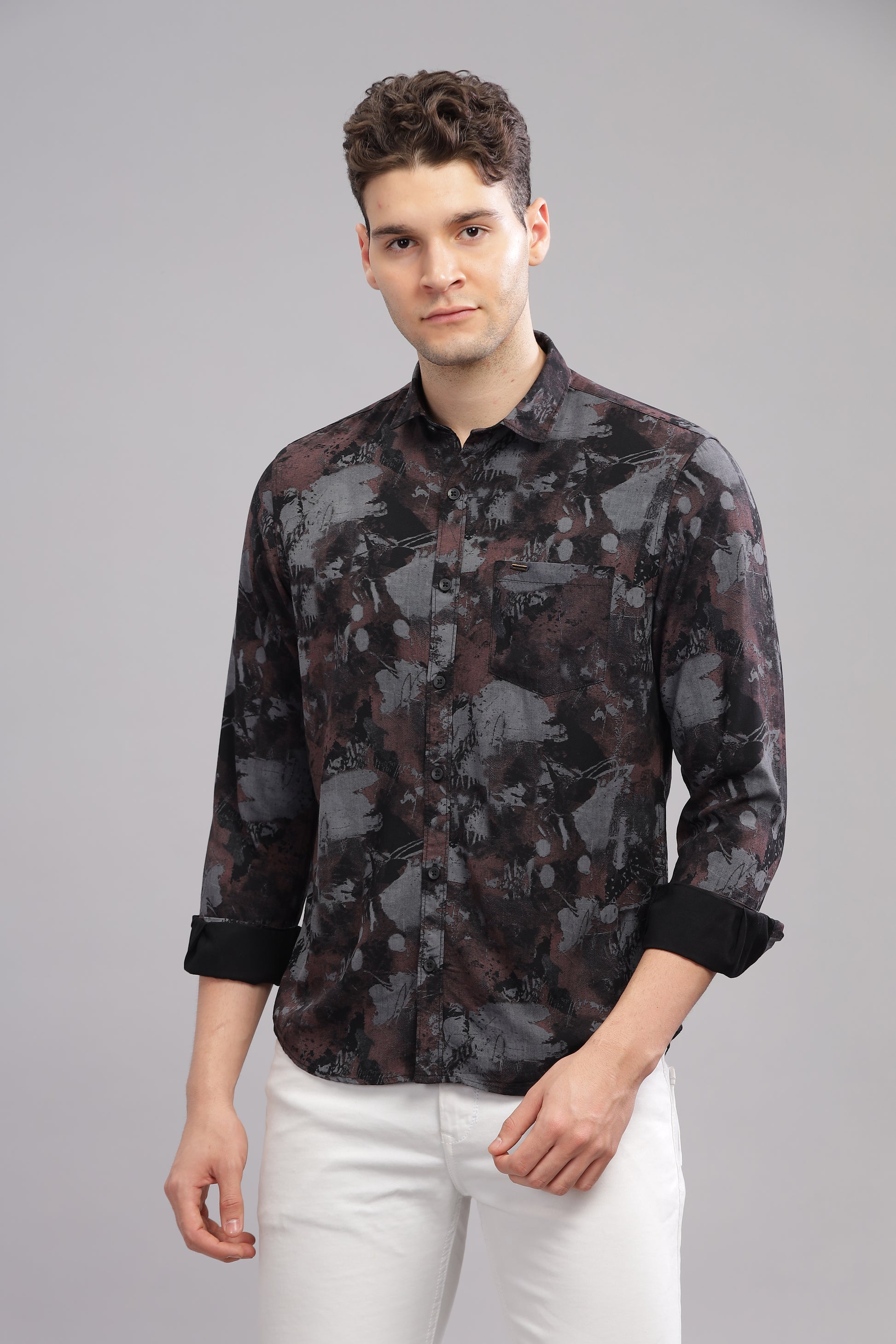 White and Grey Royal Rayon Cotton Printed Shirt for Men