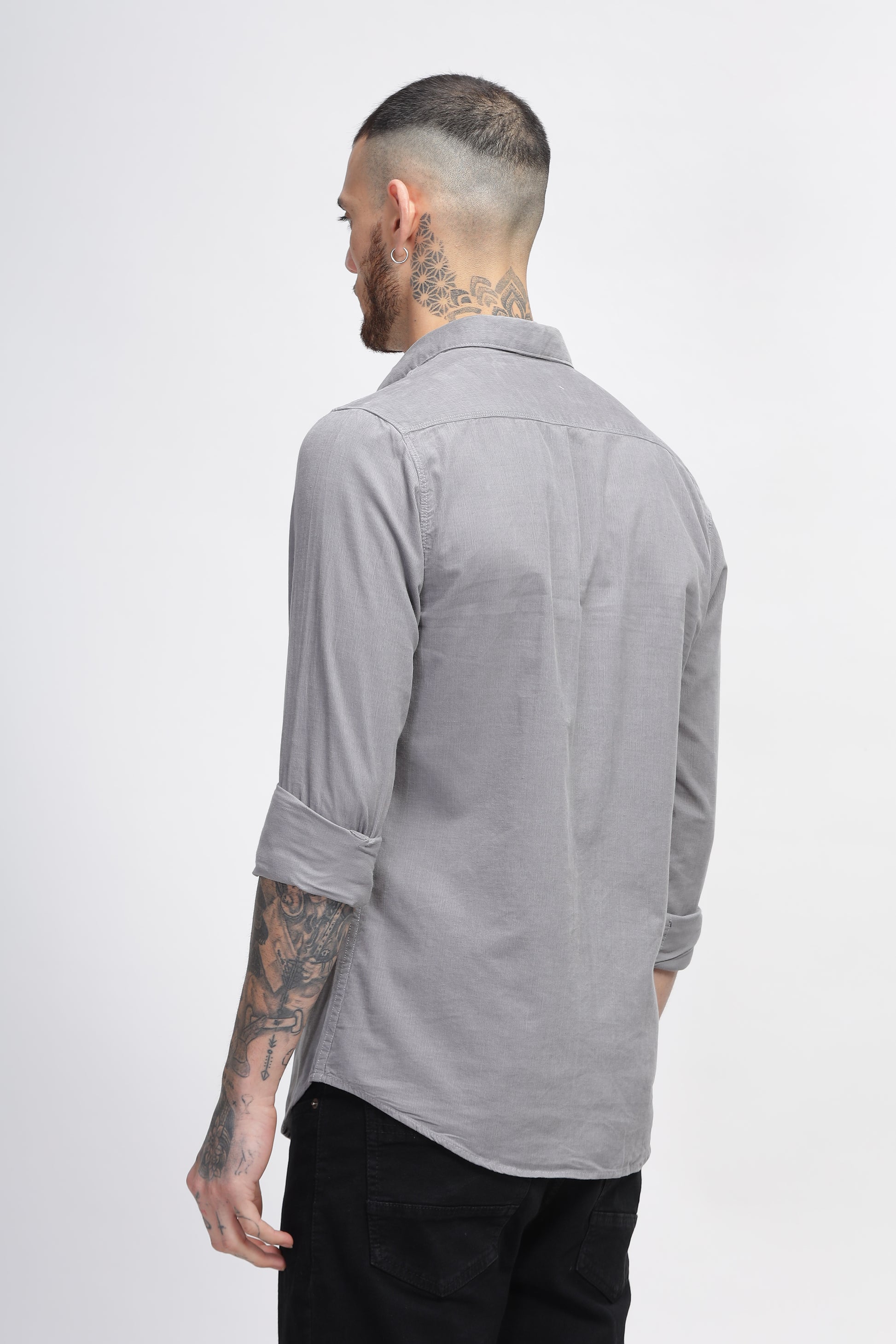 Natural Grey Cotton Corduroy Double Pocket Shirts for Men