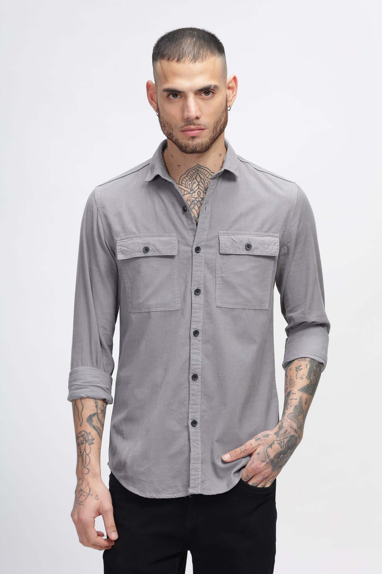 Natural Grey Cotton Corduroy Double Pocket Shirts for Men