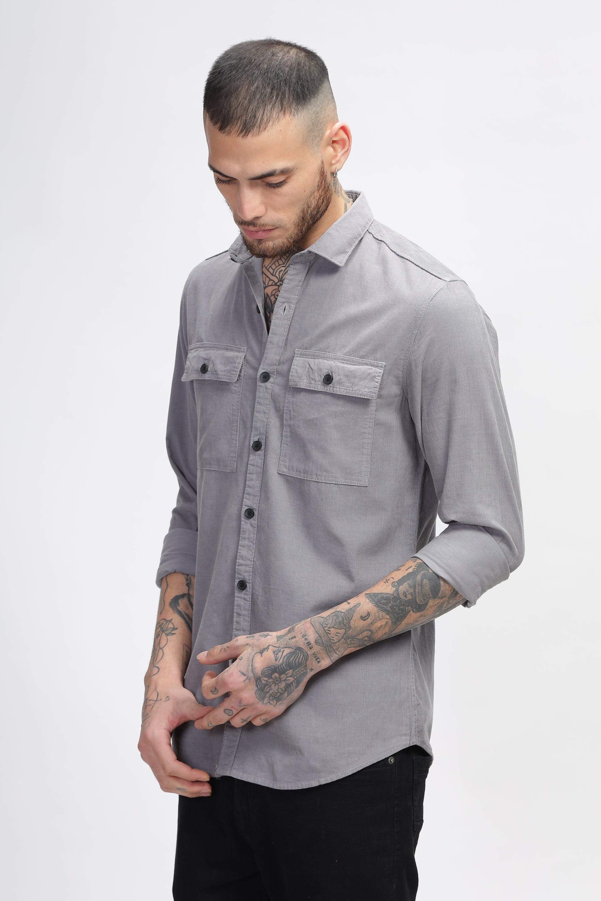 Natural Grey Cotton Corduroy Double Pocket Shirts for Men