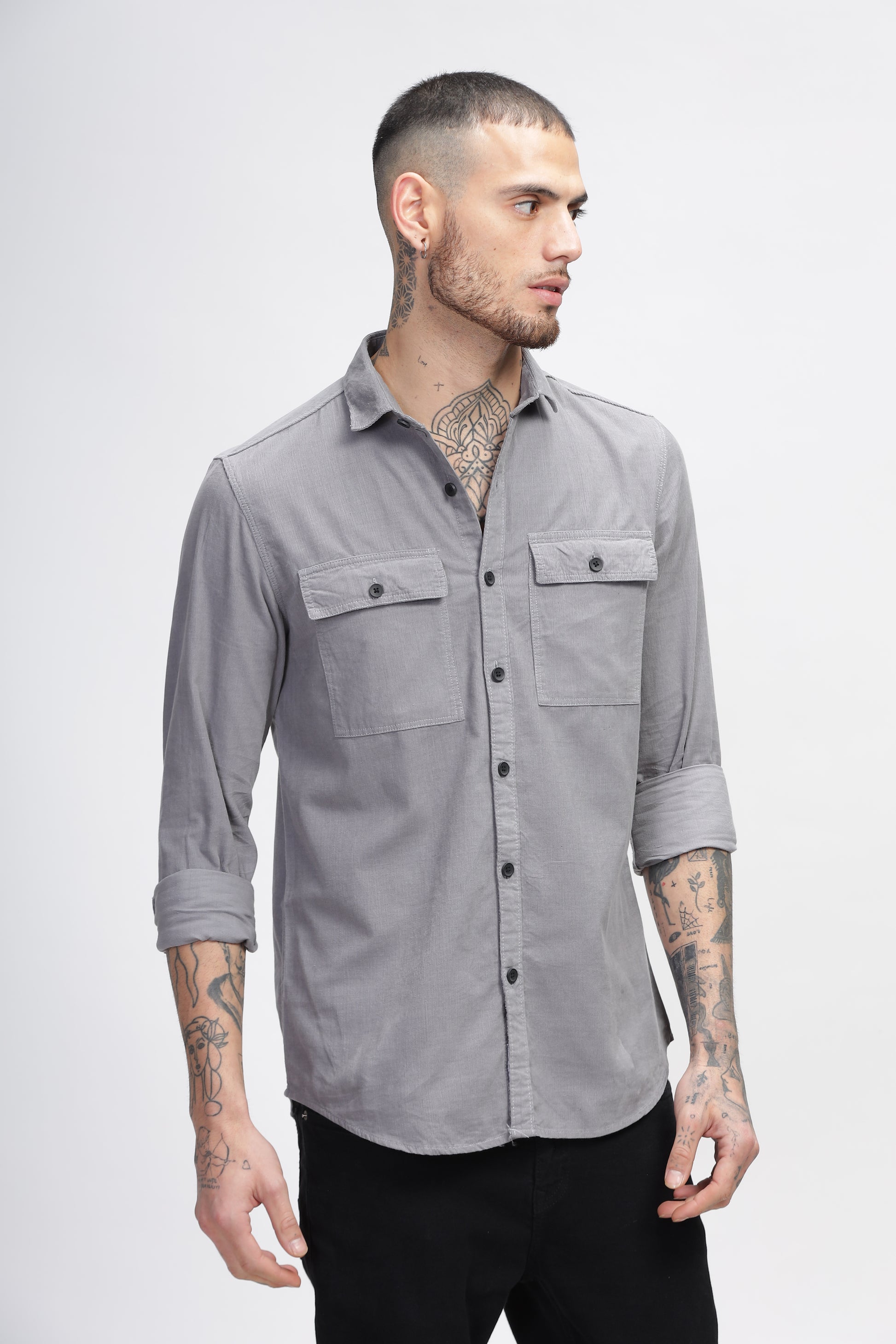 Natural Grey Cotton Corduroy Double Pocket Shirts for Men