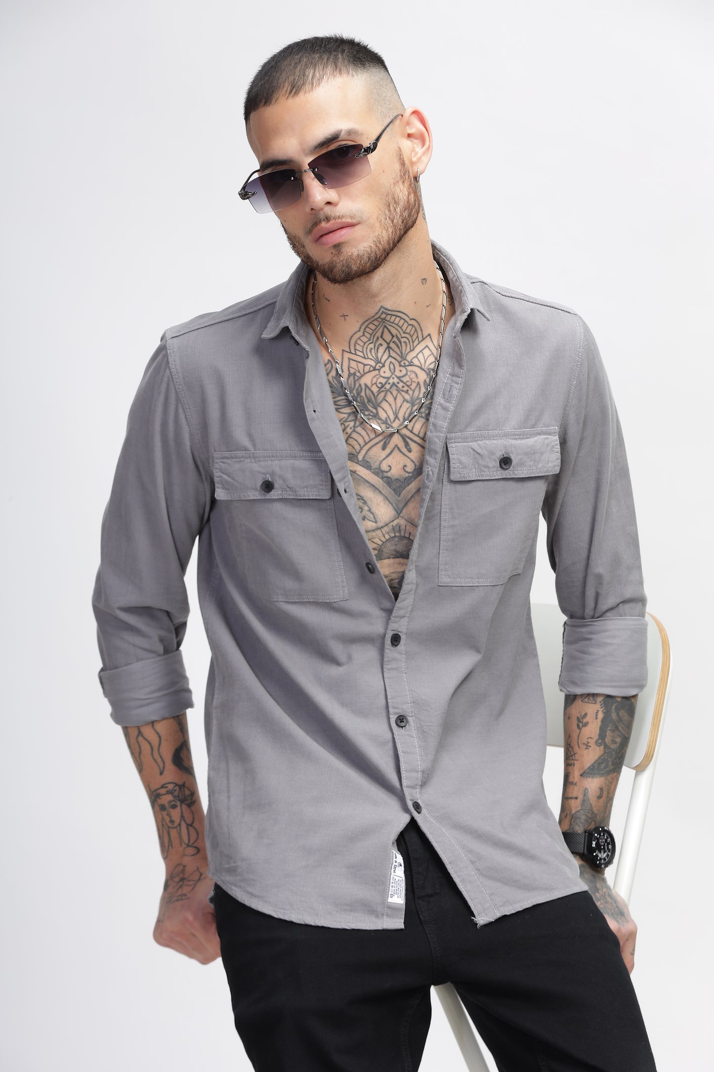 Natural Grey Cotton Corduroy Double Pocket Shirts for Men