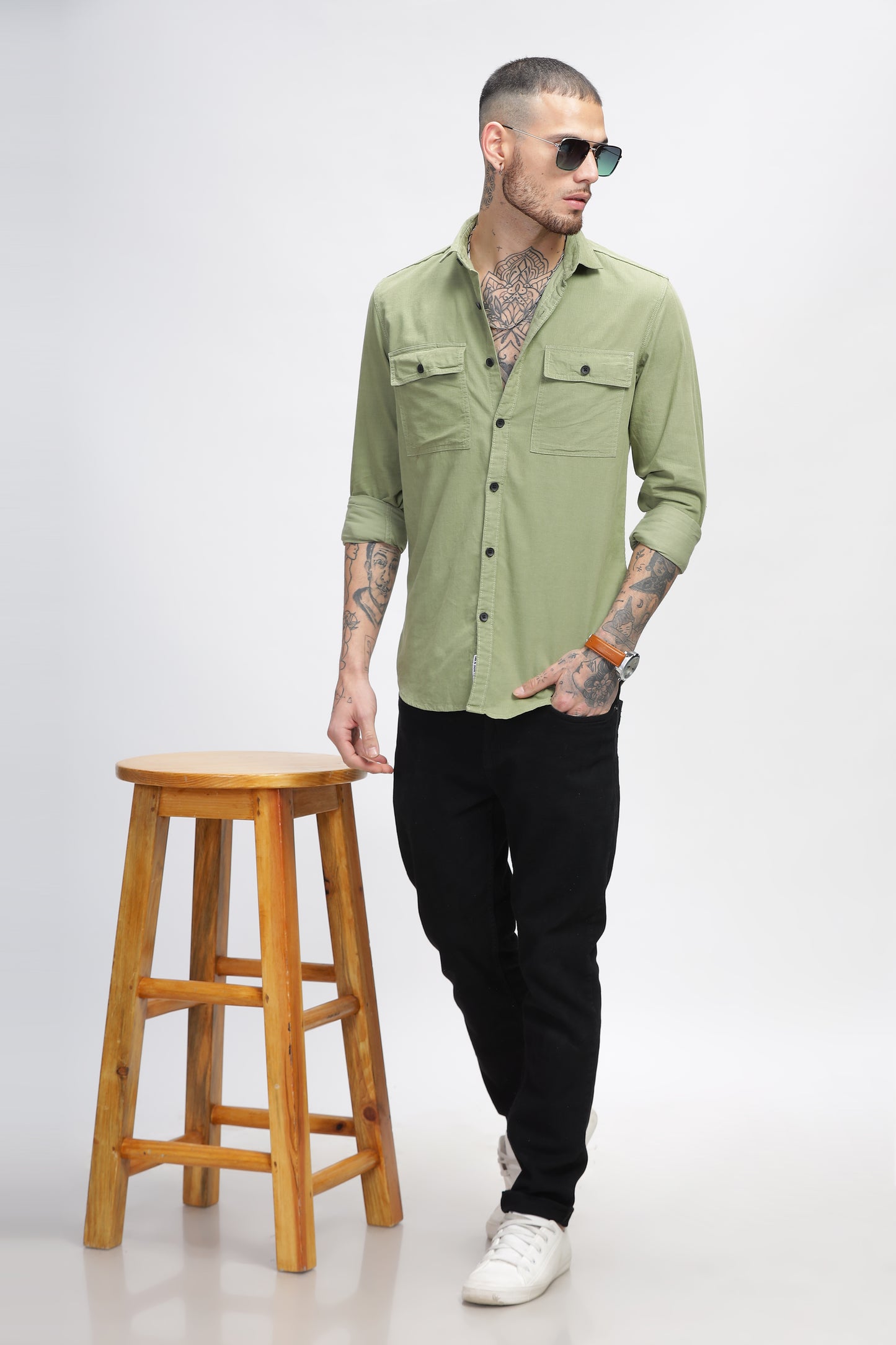 Green Cotton Corduroy Mens Double Pocket Cotton Shirts