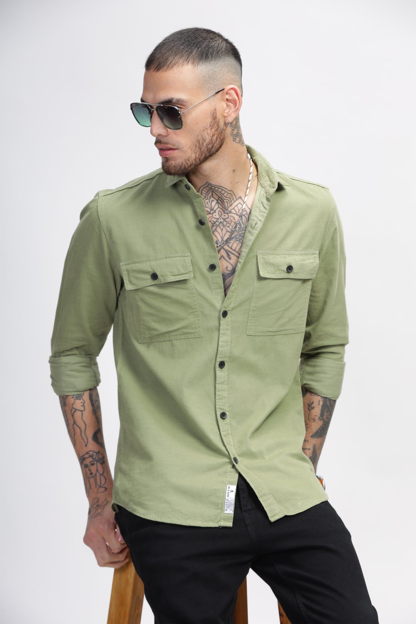 Green Cotton Corduroy Mens Double Pocket Cotton Shirts