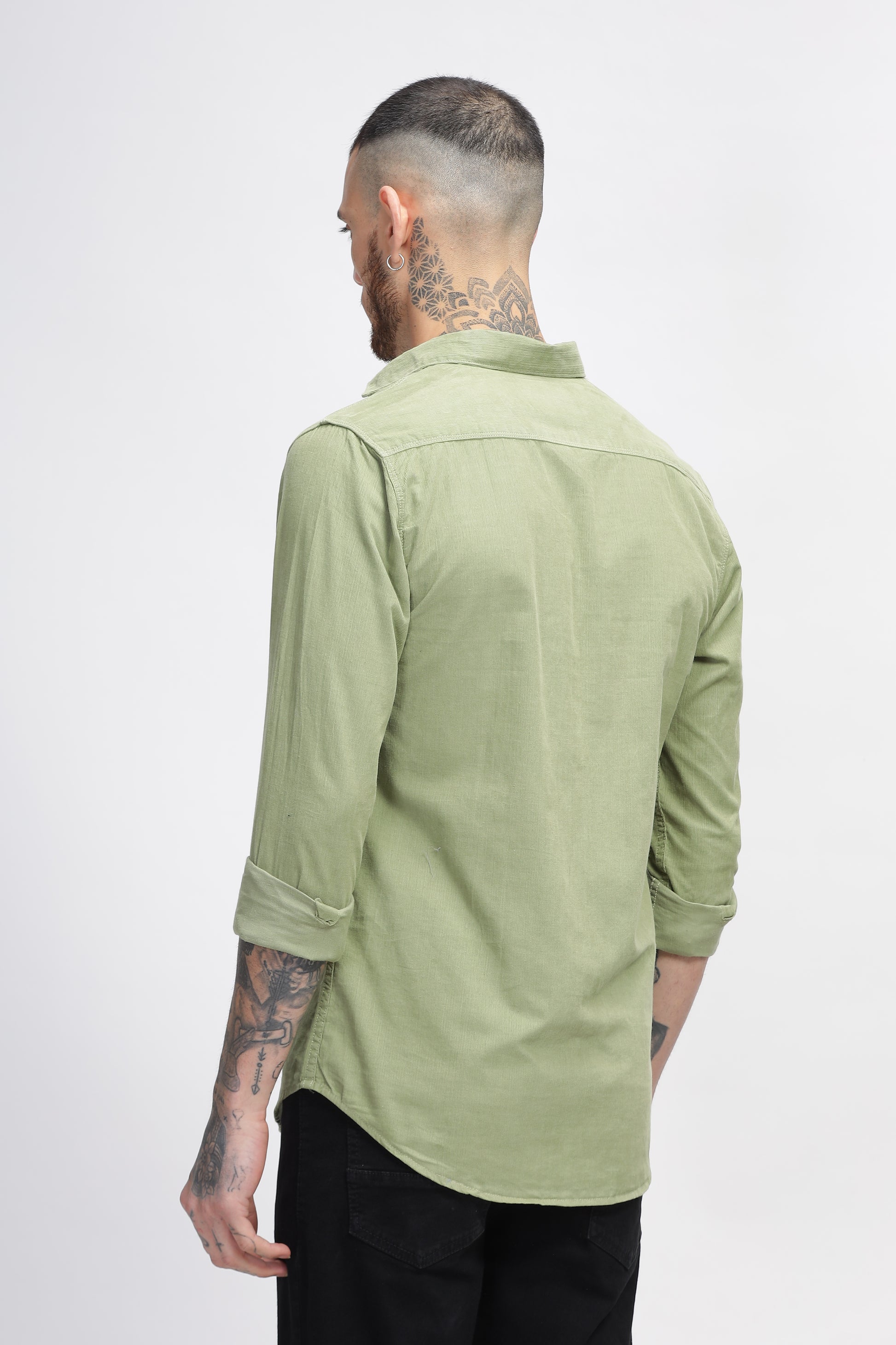 Green Cotton Corduroy Mens Double Pocket Cotton Shirts